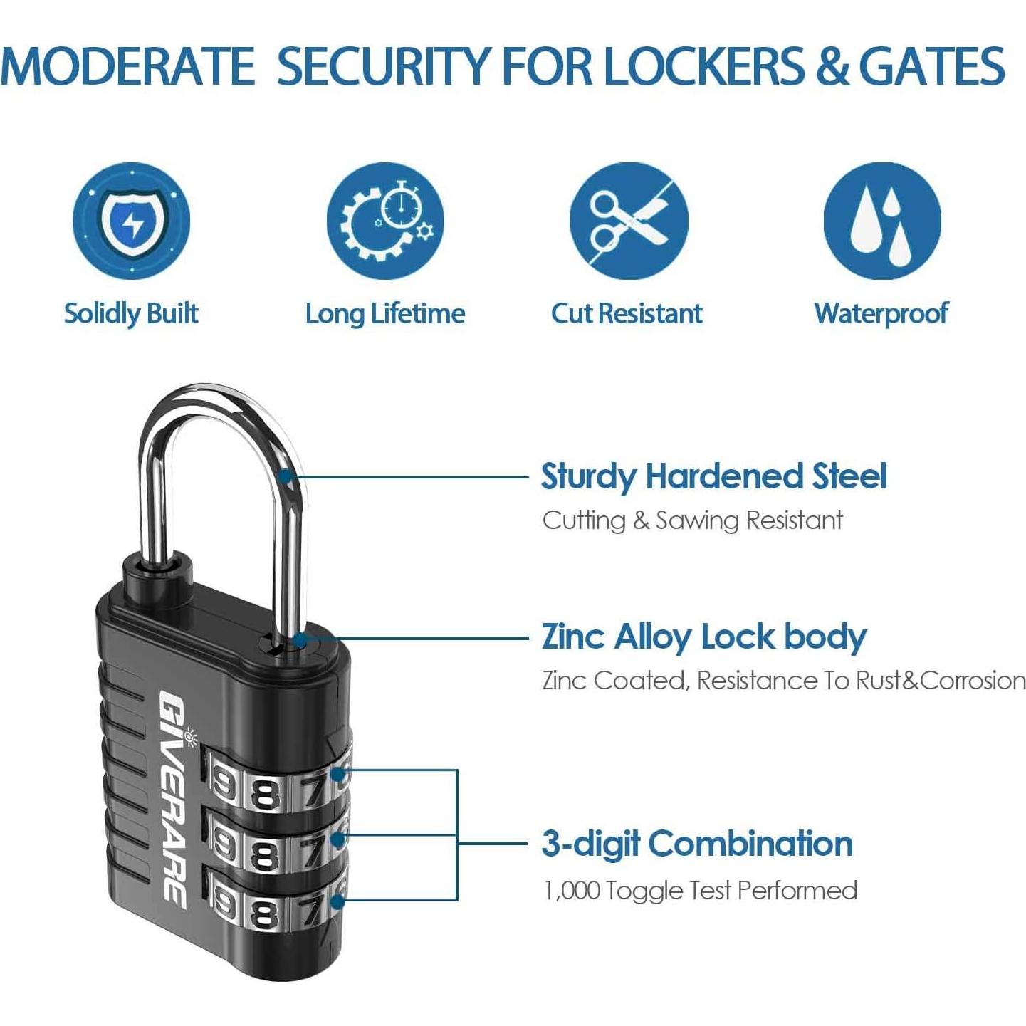Candado de Combinación GIVERARE 3 Dígitos 8 Pack Negro