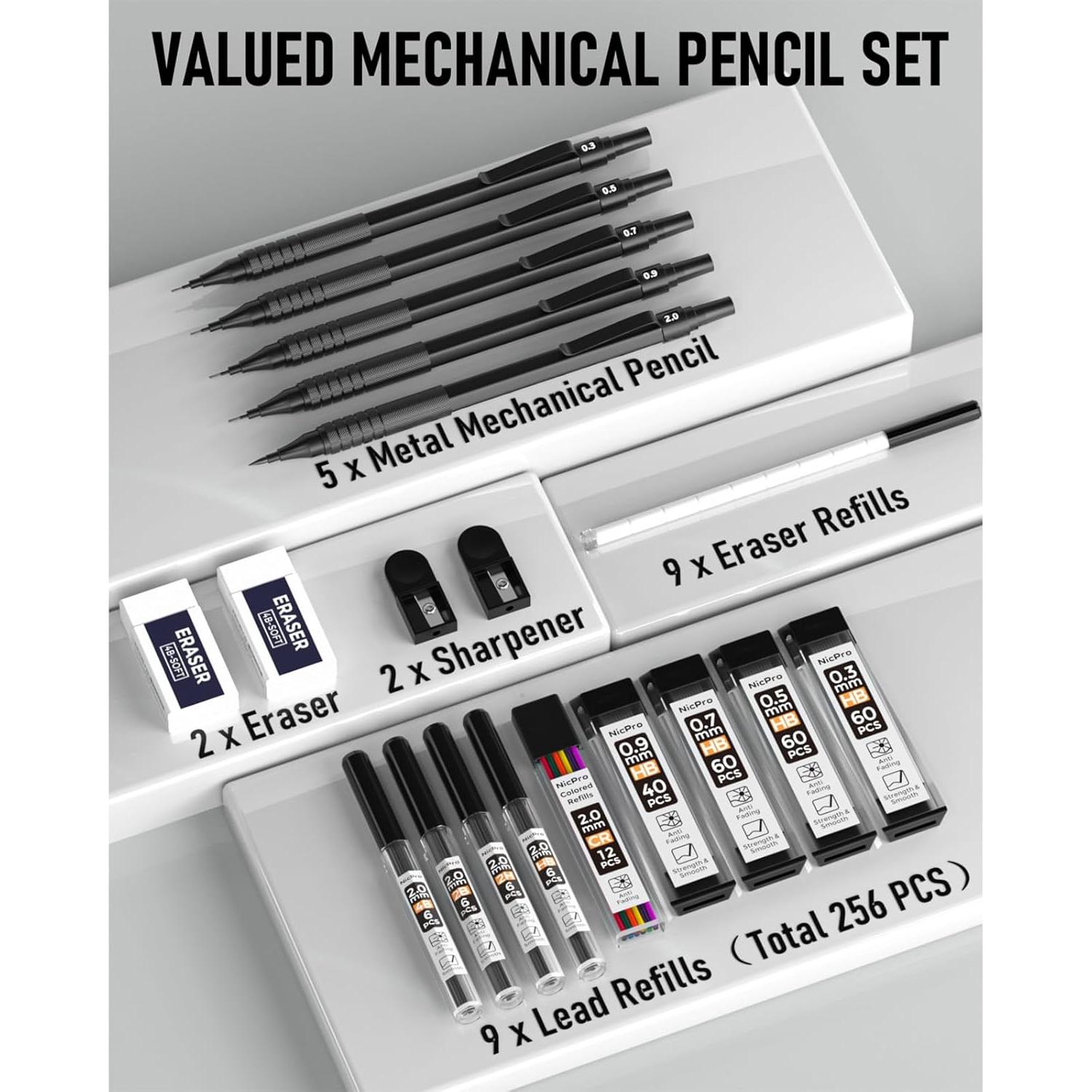 Juego de Lápices Mecánicos Nicpro 5PCS 0.3-2.0mm Metal