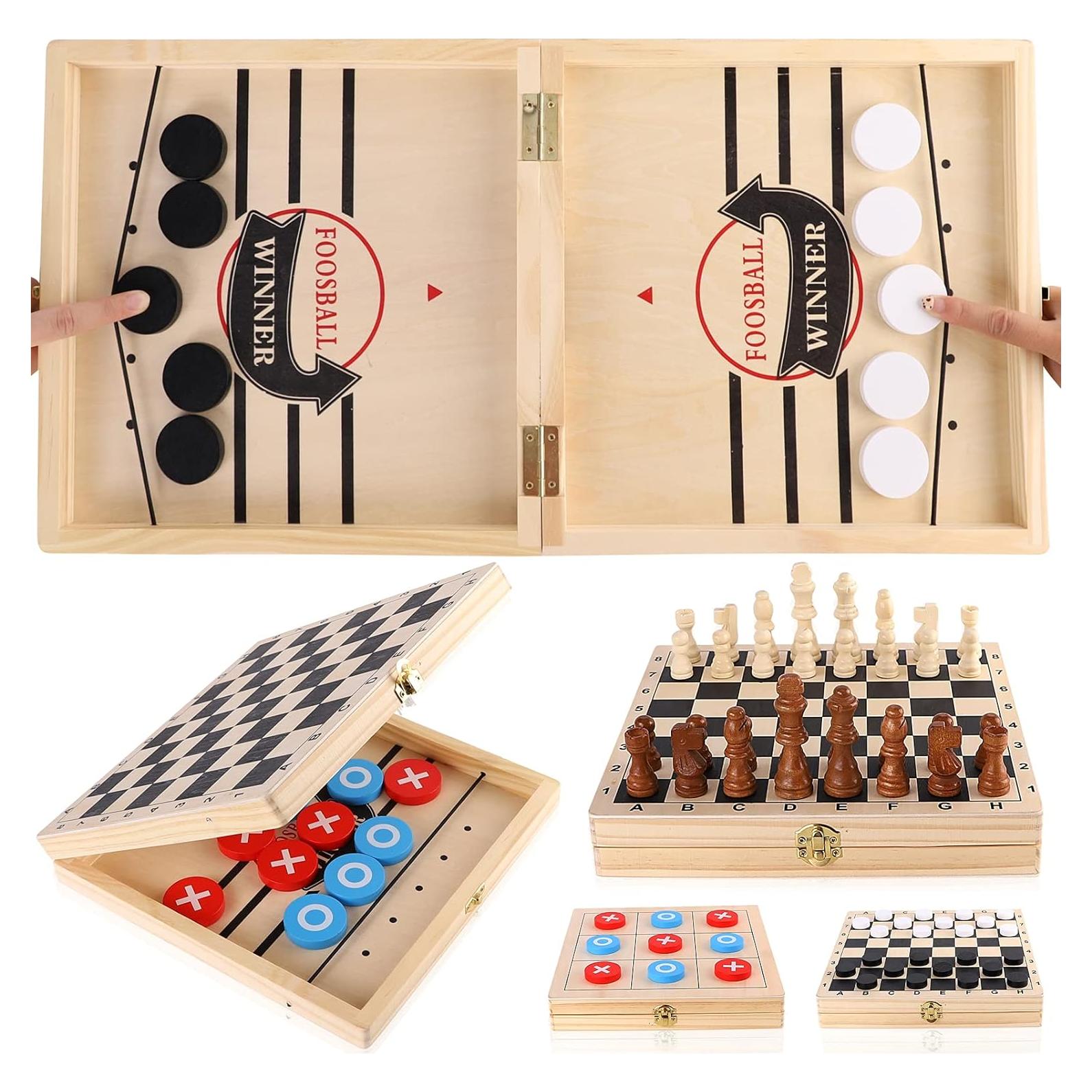 Juego de Mesa 4 en 1 Alemard - Sling Puck, Ajedrez, Damas y Tic Tac Toe