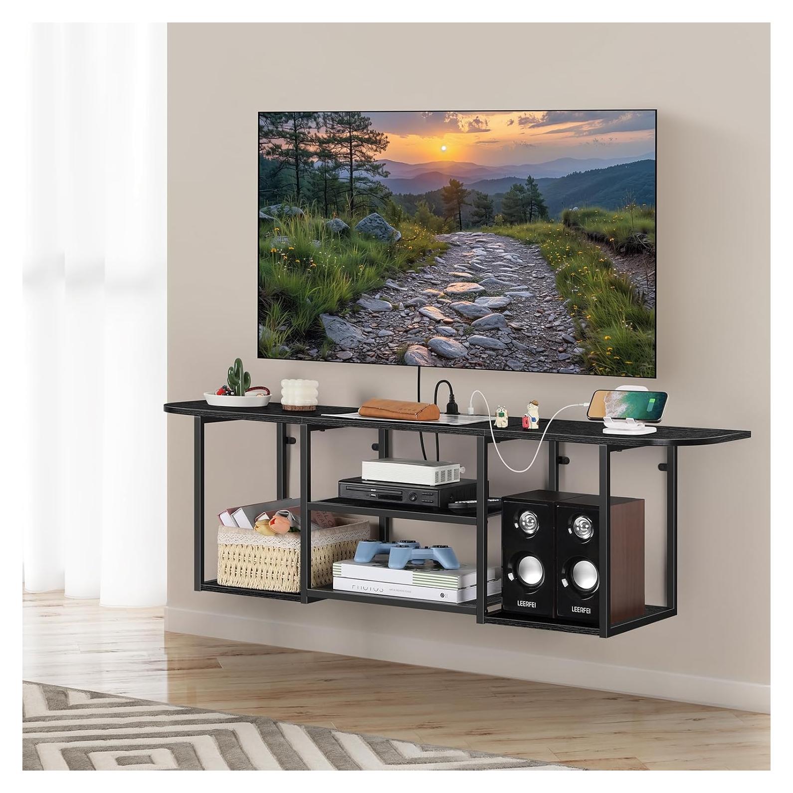 BTY Floating TV Shelf with Power Outlet, Black TV Console with USB Ports, Industrial Under TV Cabinet for 50 Inch TV, Modern Entertainment Center for Bedroom, Living Room