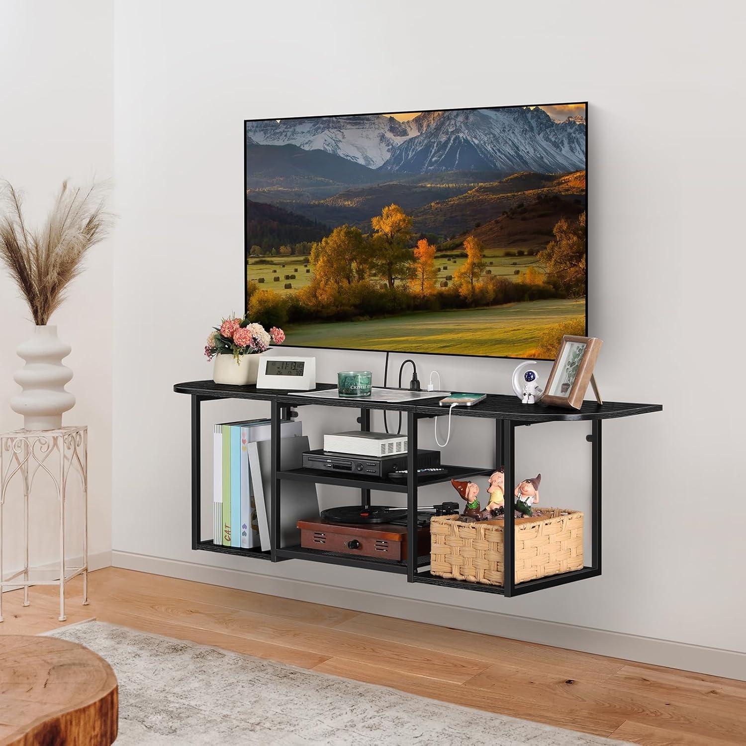 BTY Floating TV Shelf with Power Outlet, Black TV Console with USB Ports, Industrial Under TV Cabinet for 50 Inch TV, Modern Entertainment Center for Bedroom, Living Room