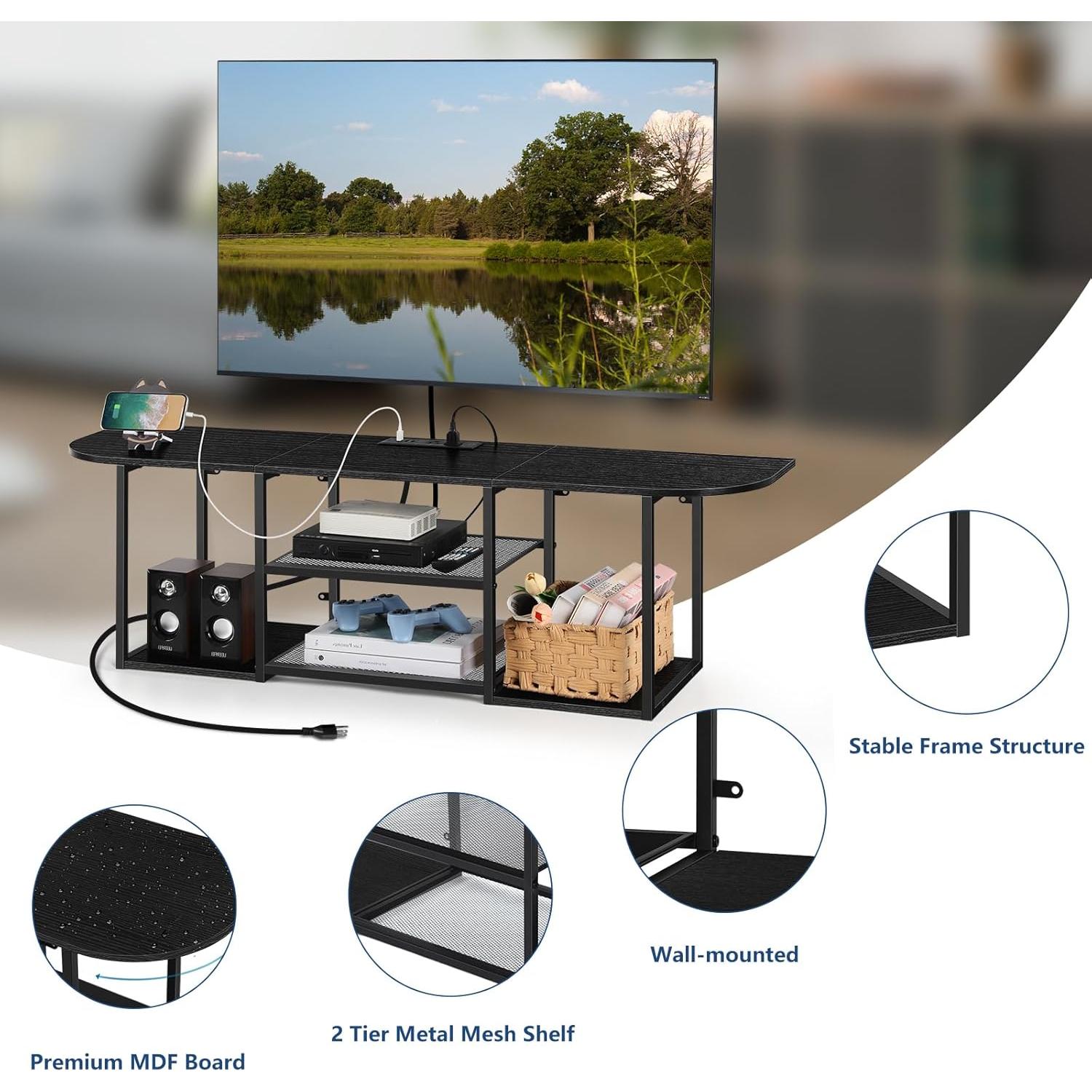 BTY Floating TV Shelf with Power Outlet, Black TV Console with USB Ports, Industrial Under TV Cabinet for 50 Inch TV, Modern Entertainment Center for Bedroom, Living Room