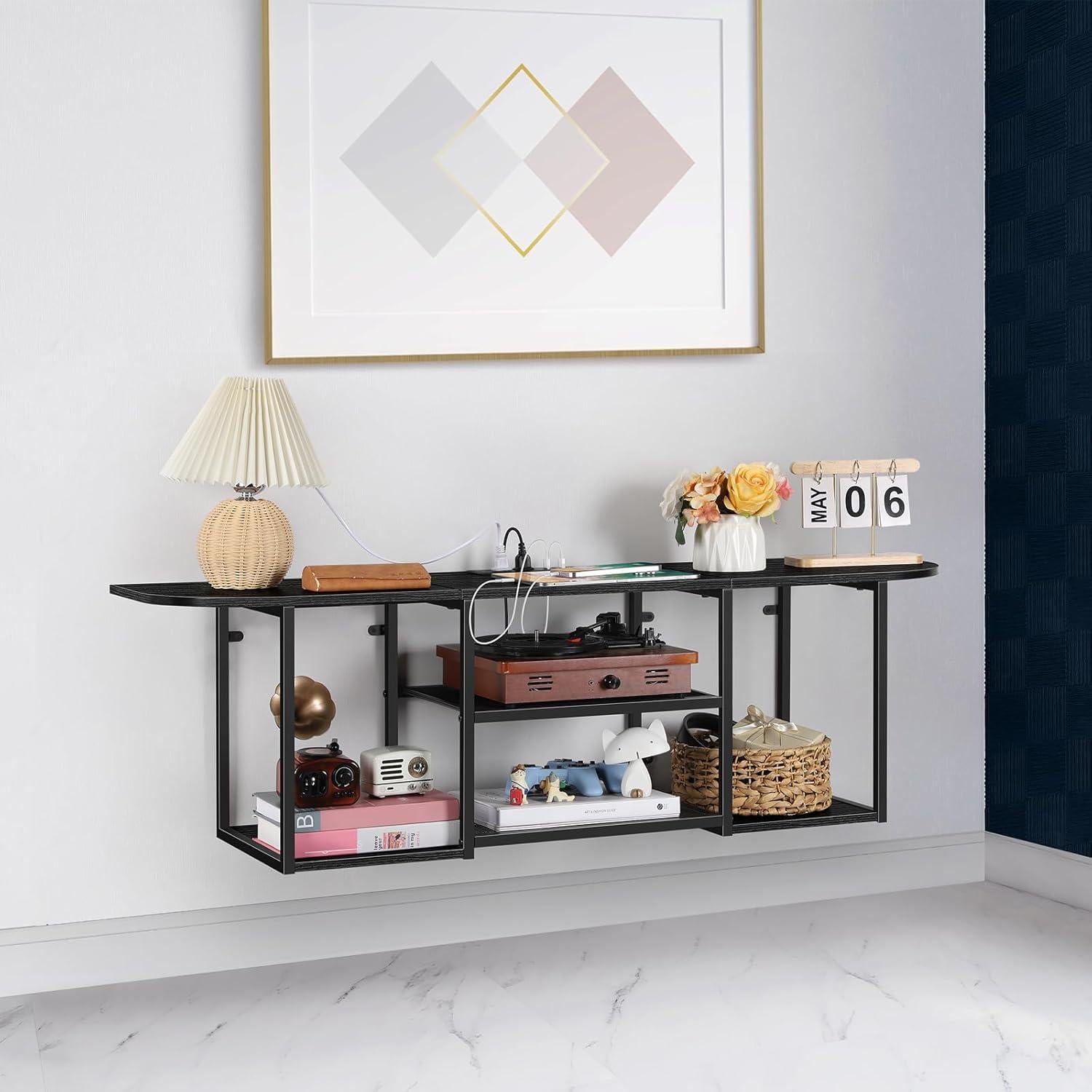 BTY Floating TV Shelf with Power Outlet, Black TV Console with USB Ports, Industrial Under TV Cabinet for 50 Inch TV, Modern Entertainment Center for Bedroom, Living Room