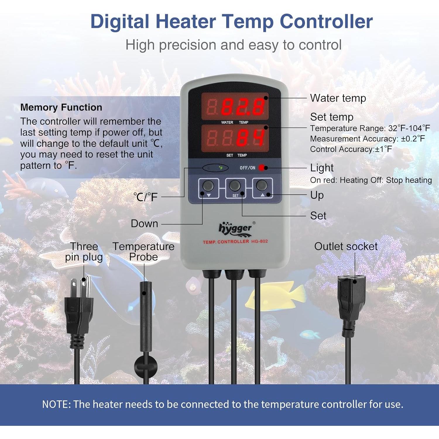 Calentador de Acuario Hygger 50W Titanio Digital 5-10 Galones