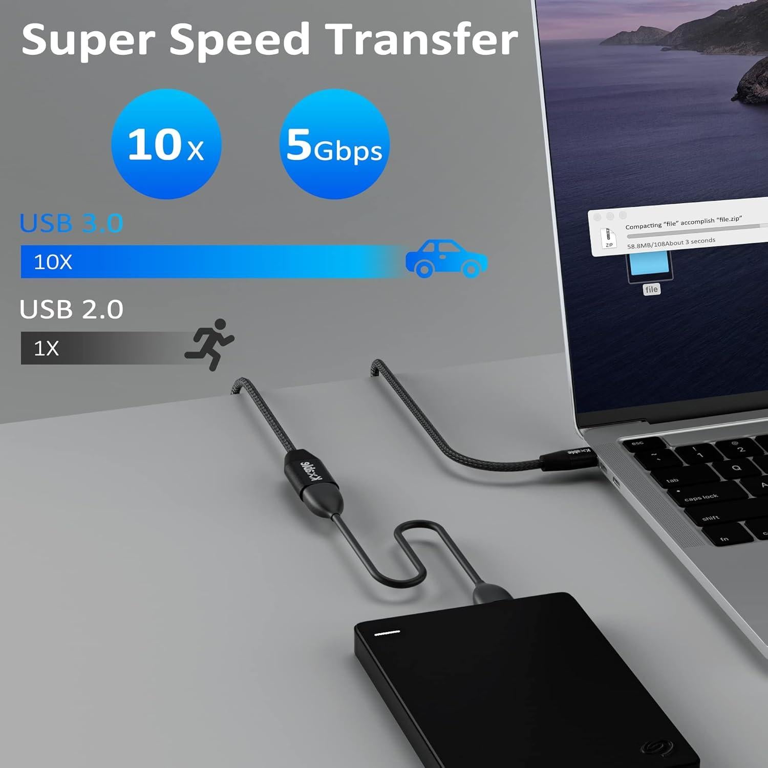 Cable de Extensión USB 3.0 Kxable 30cm (2 Paquete) Trenzado