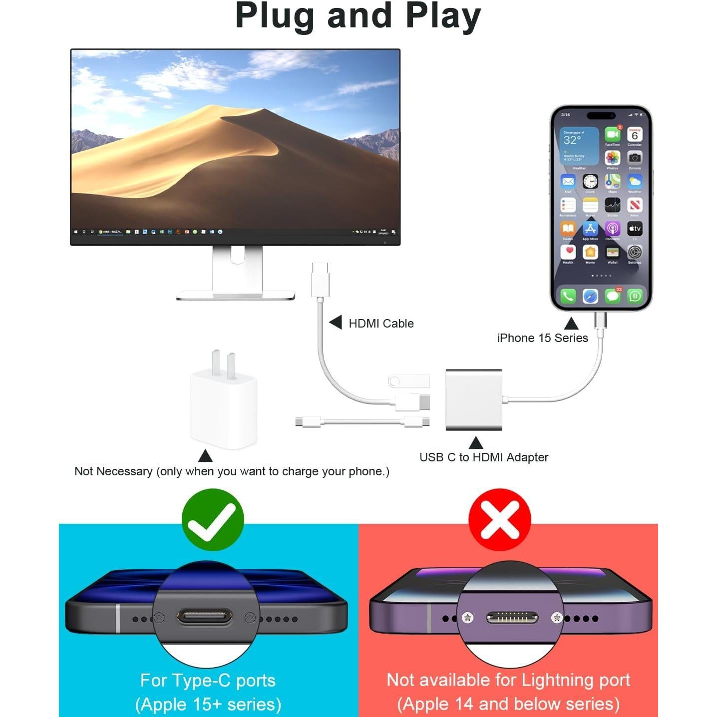 Adaptador HDMI USB C Lecnvuo para iPhone 15/16 - Carga Rápida 100W