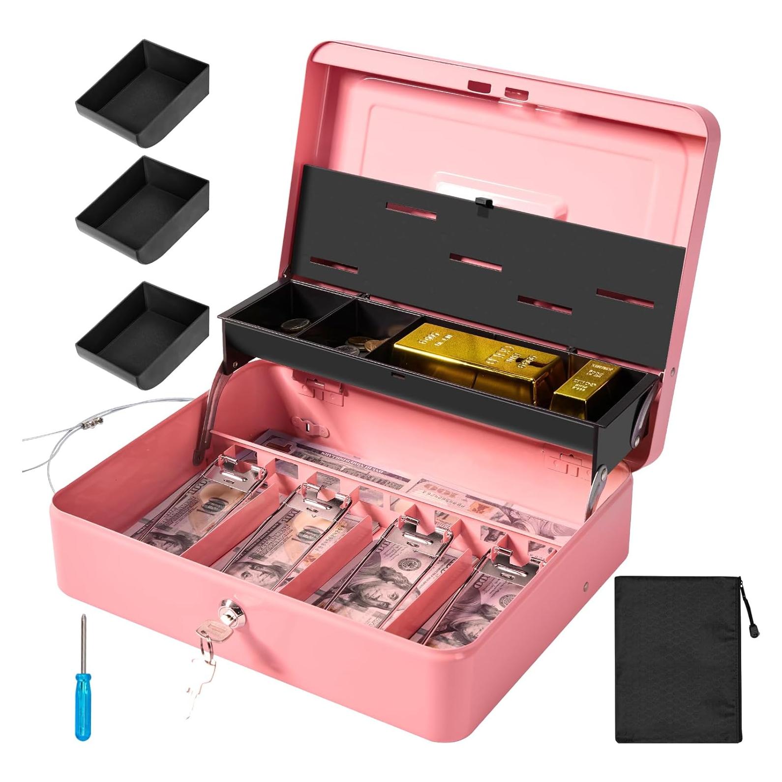 Caja de Dinero Grande Polspag Rosa con Bandeja Ajustable y Seguridad