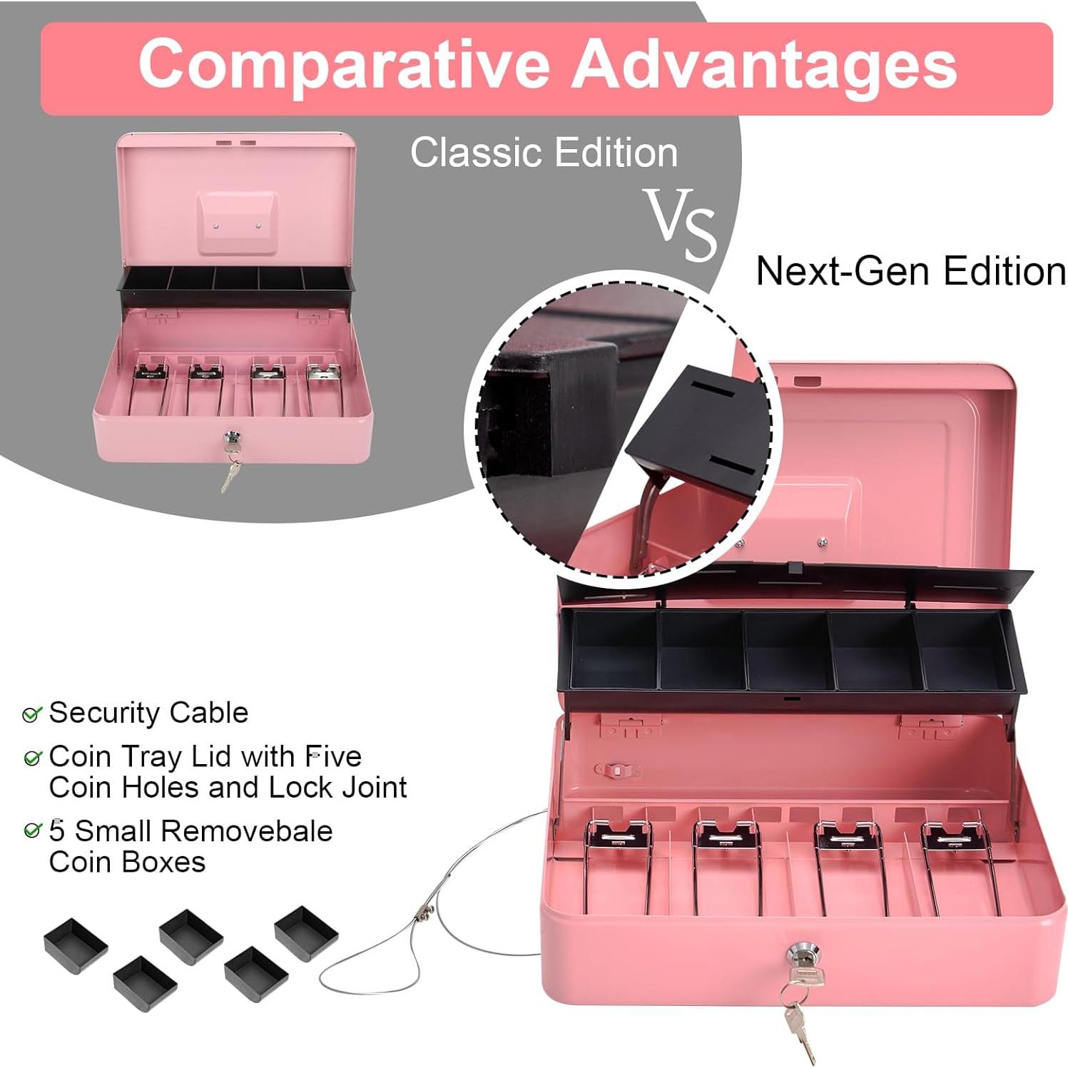 Caja de Dinero Grande Polspag Rosa con Bandeja Ajustable y Seguridad