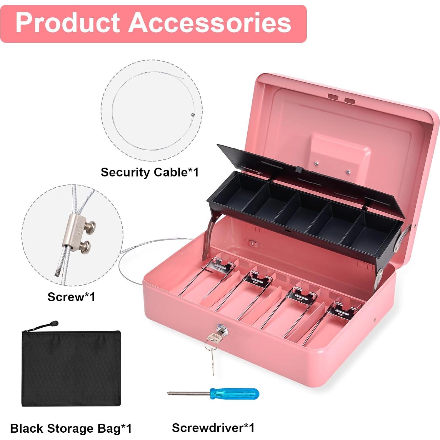 Caja de Dinero Grande Polspag Rosa con Bandeja Ajustable y Seguridad