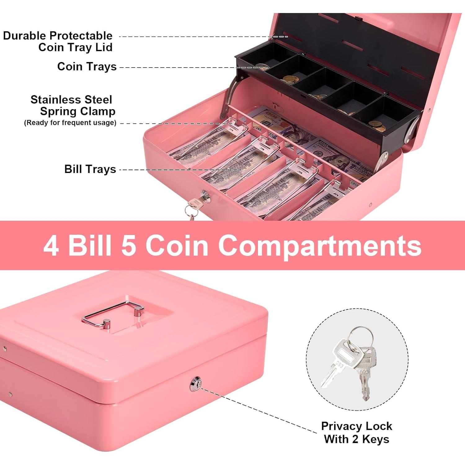 Caja de Dinero Grande Polspag Rosa con Bandeja Ajustable y Seguridad