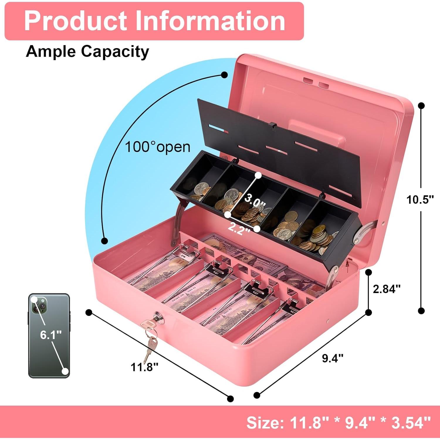 Caja de Dinero Grande Polspag Rosa con Bandeja Ajustable y Seguridad