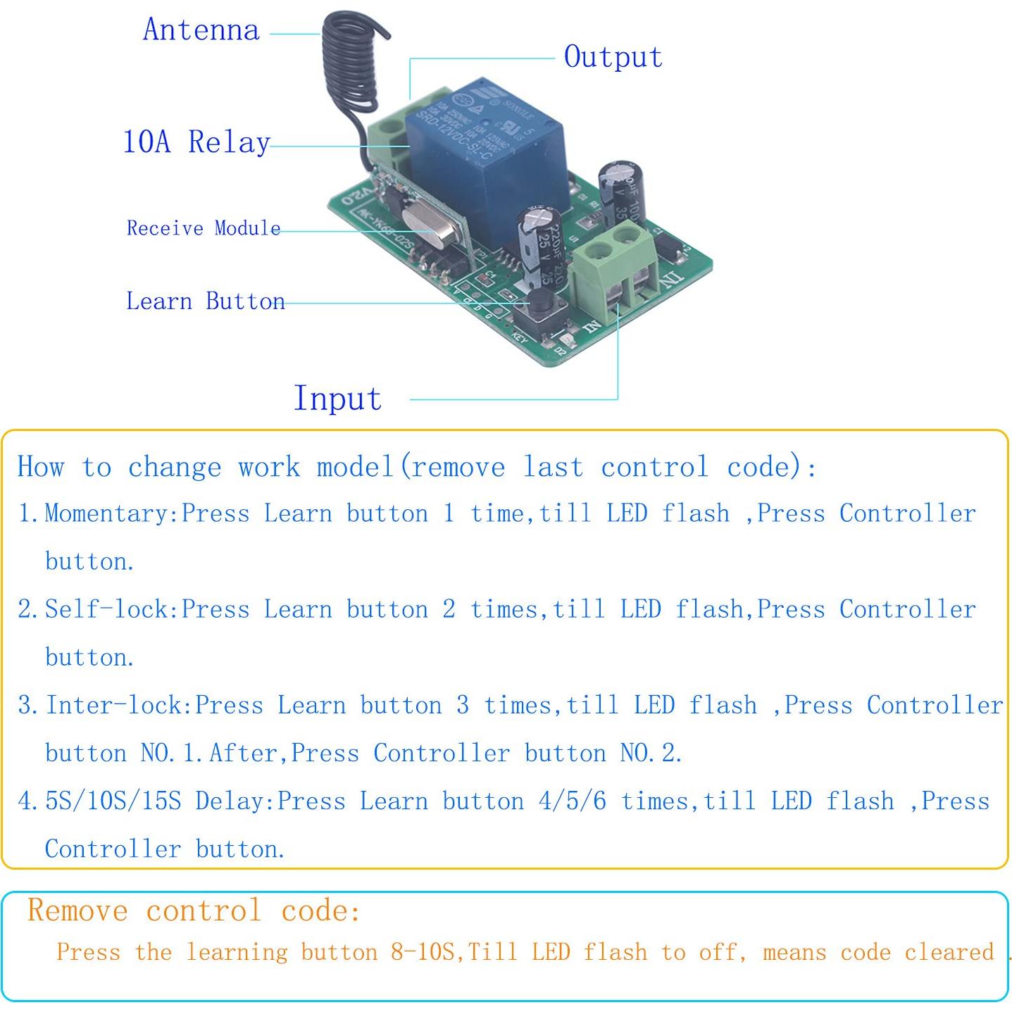 Relé Inalámbrico 12V 10A Mangood Control Remoto 433MHz