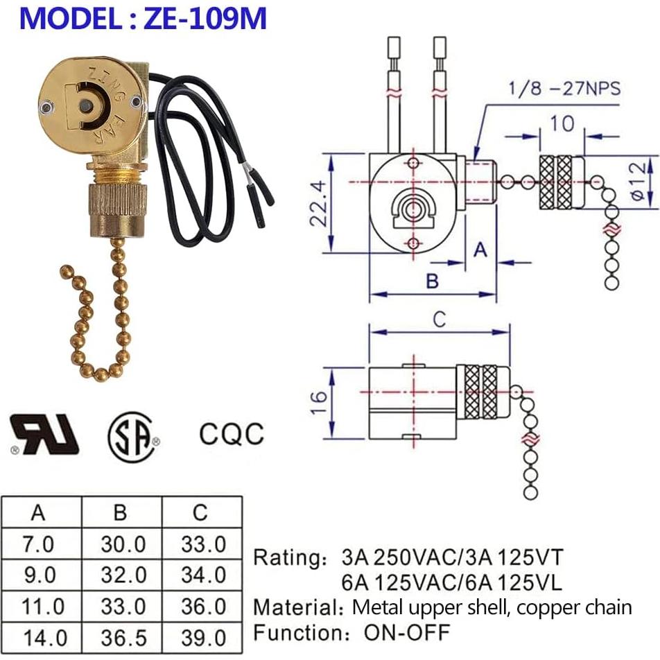 Interruptor de Luz de Ventilador de Techo ZE-109M 2 Cables Latón