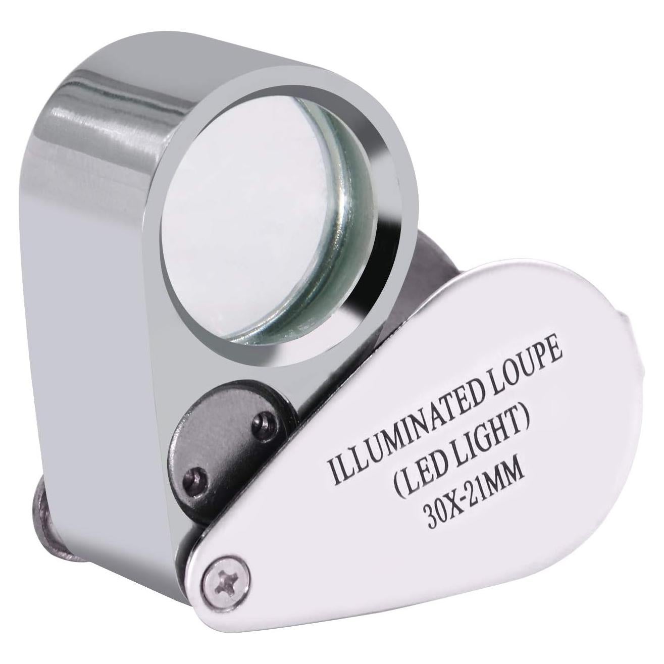 Lupa Beileshi 30x con LED, metálica y óptica, estuche
