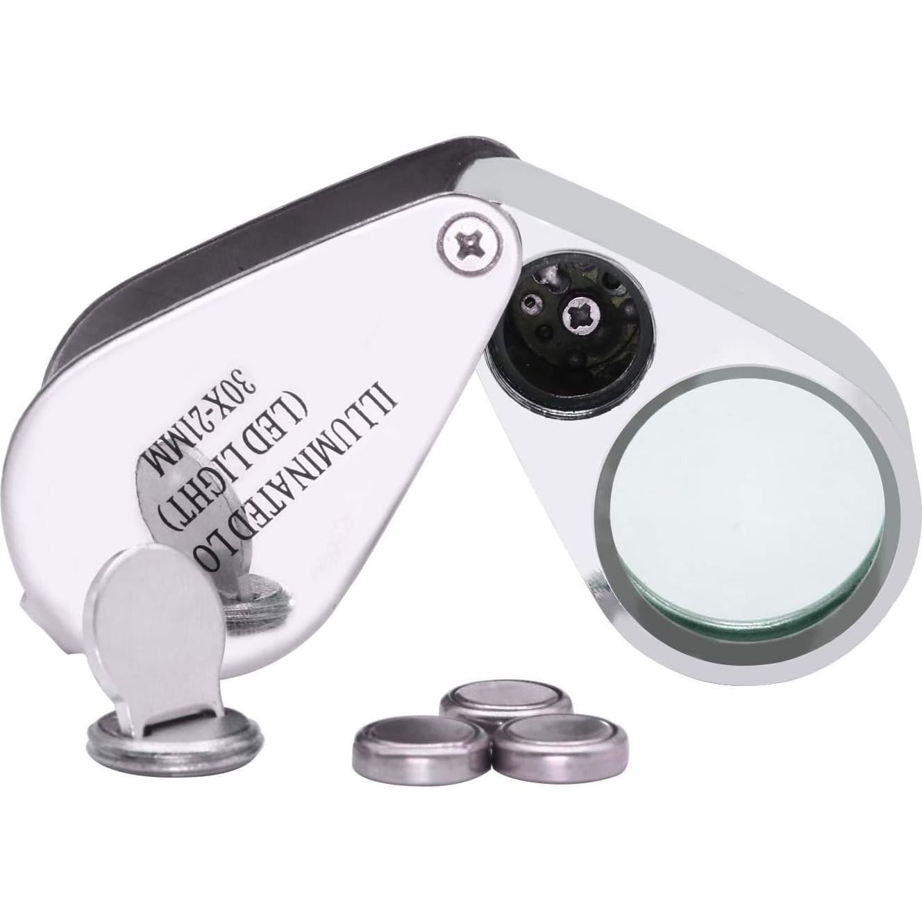 Lupa Beileshi 30x con LED, metálica y óptica, estuche