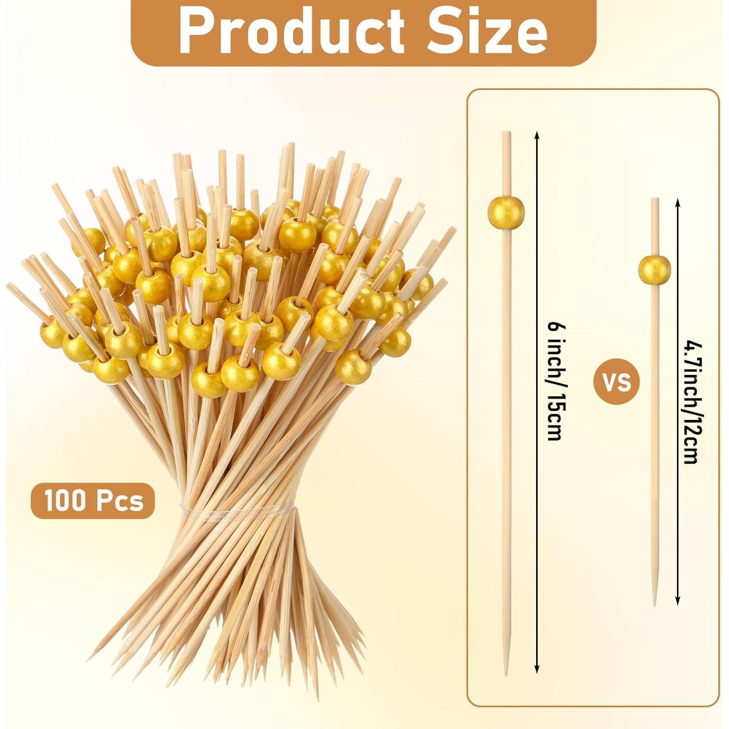 100 Palillos de Bambú Dorados 15.24 cm para Aperitivos LOYIM