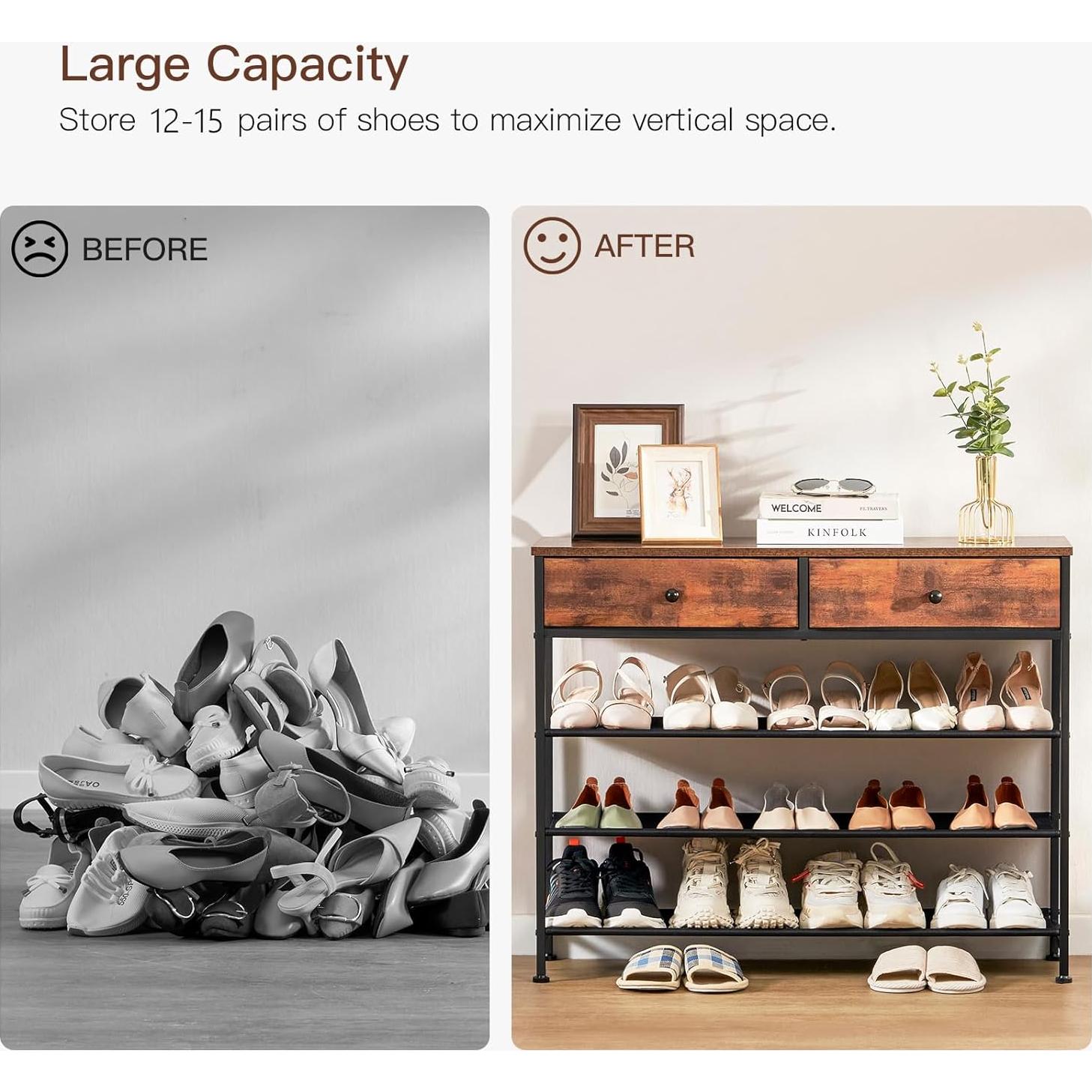 Estante para zapatos USIKEY 4 niveles marrón rústico con cajones