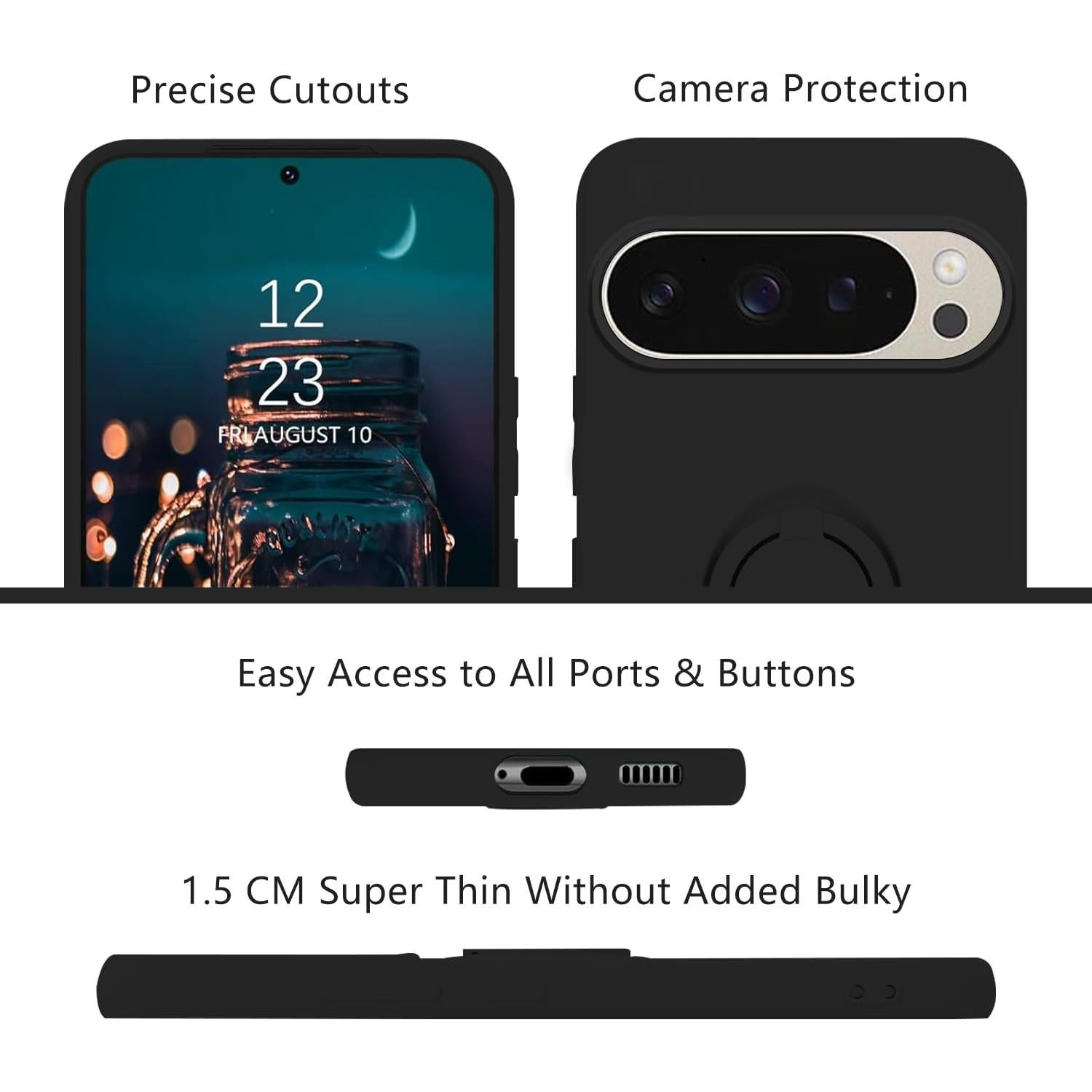 Funda de Silicona con Soporte Magnético para Google Pixel 9 Pro - Negro