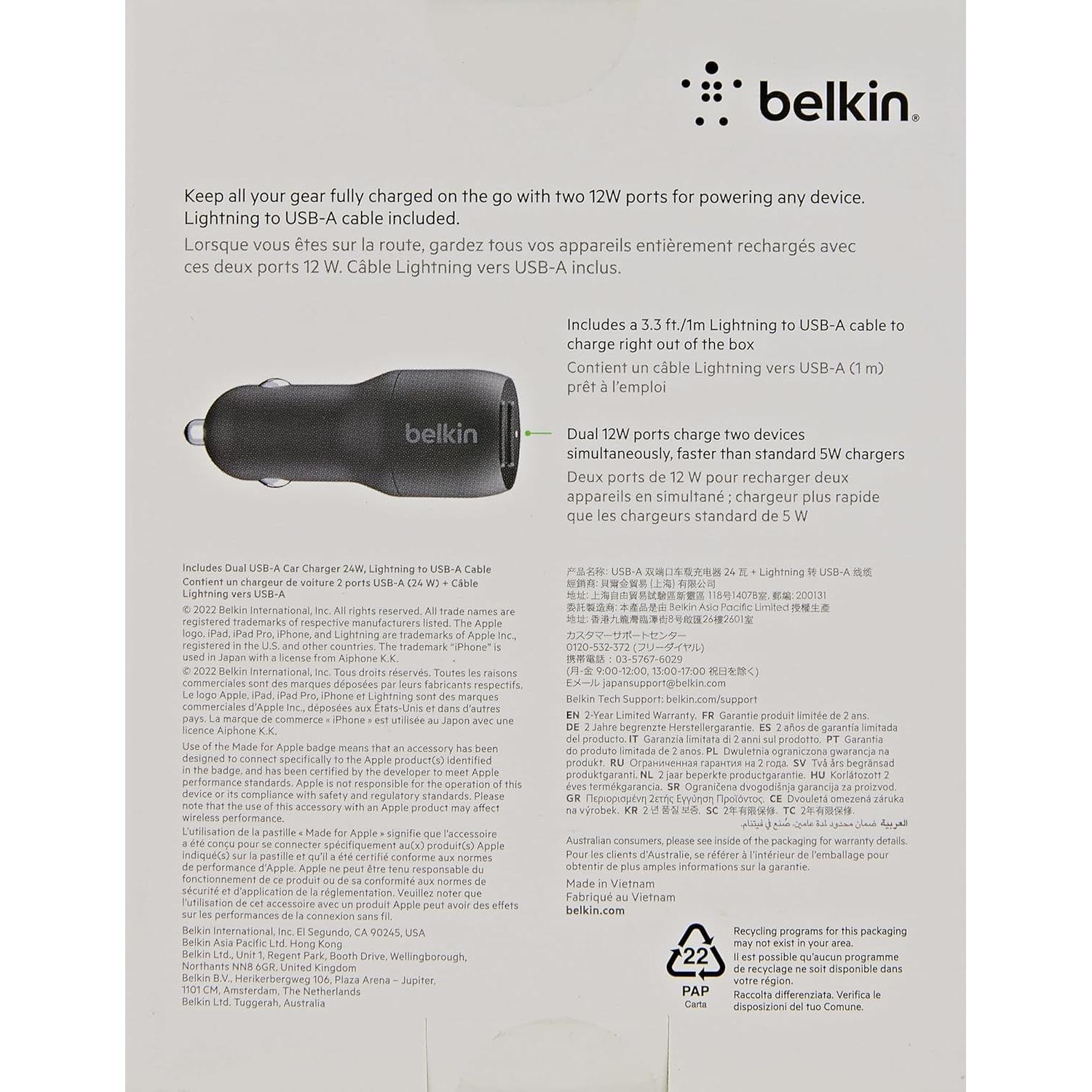 Cargador de coche USB-A dual Belkin 24W con cable Lightning
