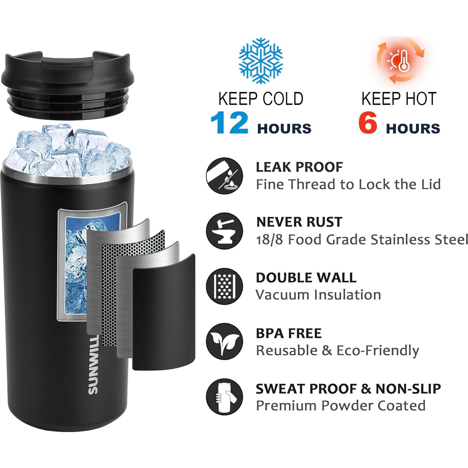 Taza de Café Aislada SUNWILL 12 oz (355 ml) Negra con Tapa