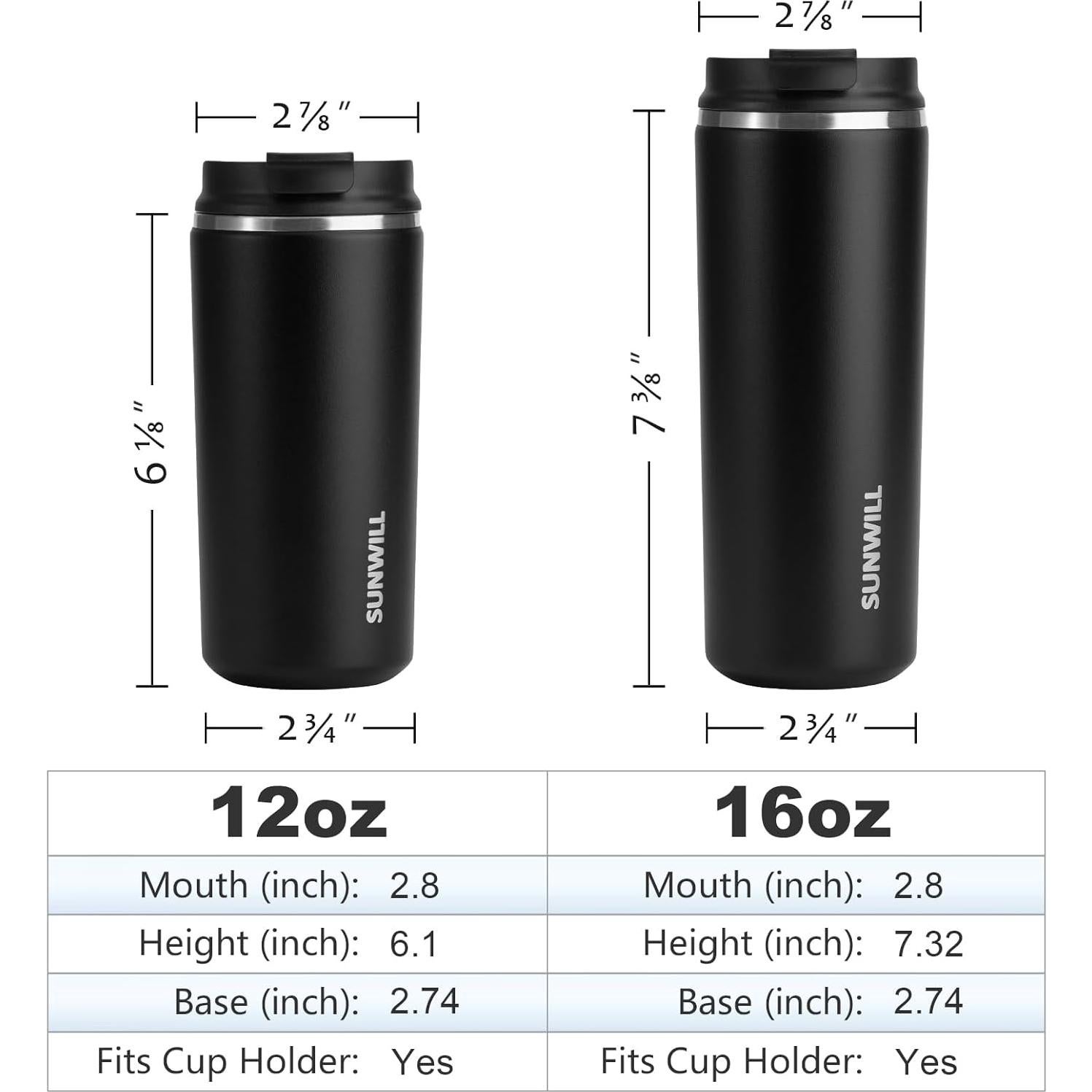 Taza de Café Aislada SUNWILL 12 oz (355 ml) Negra con Tapa