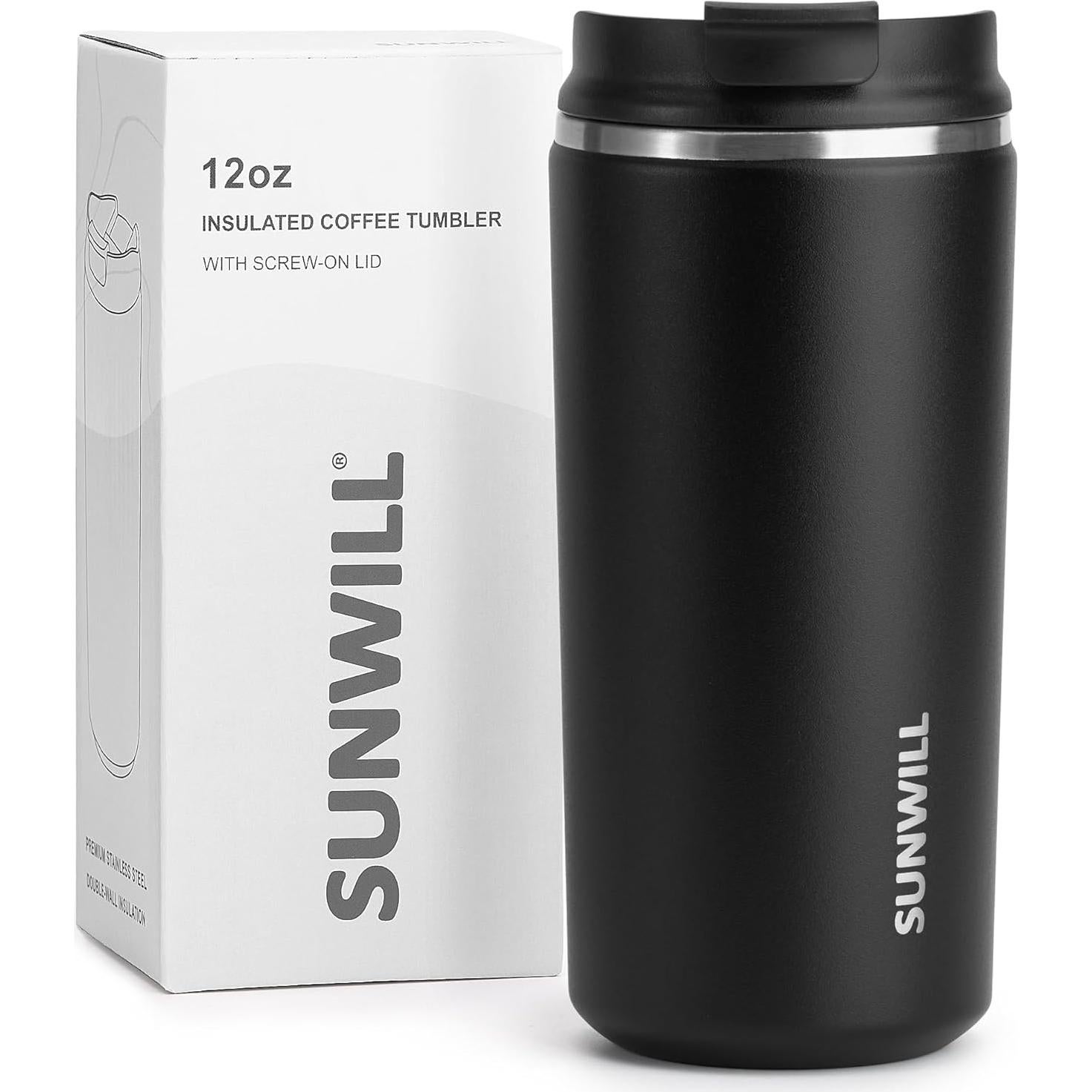 Taza de Café Aislada SUNWILL 12 oz (355 ml) Negra con Tapa