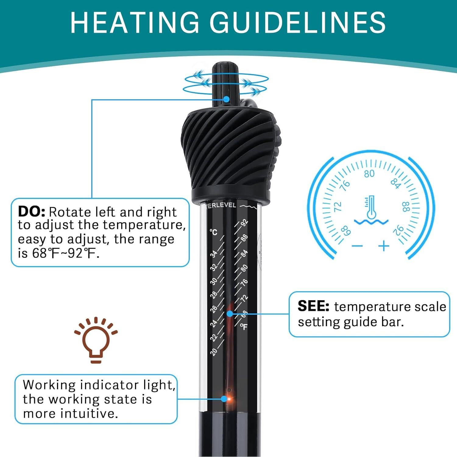 Calentador de Acuario Sumergible Hygger 50W con Termómetro