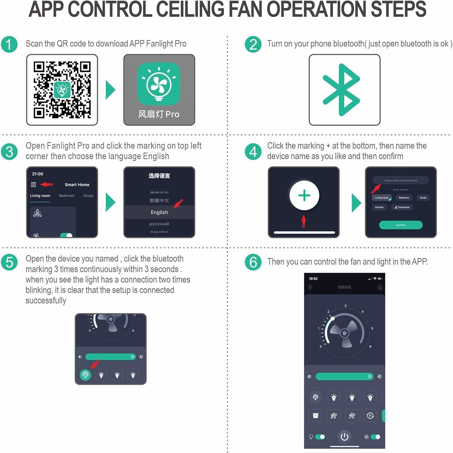 Ventilador de Techo OURSTAR 38" Negro con Luces LED y Control Remoto