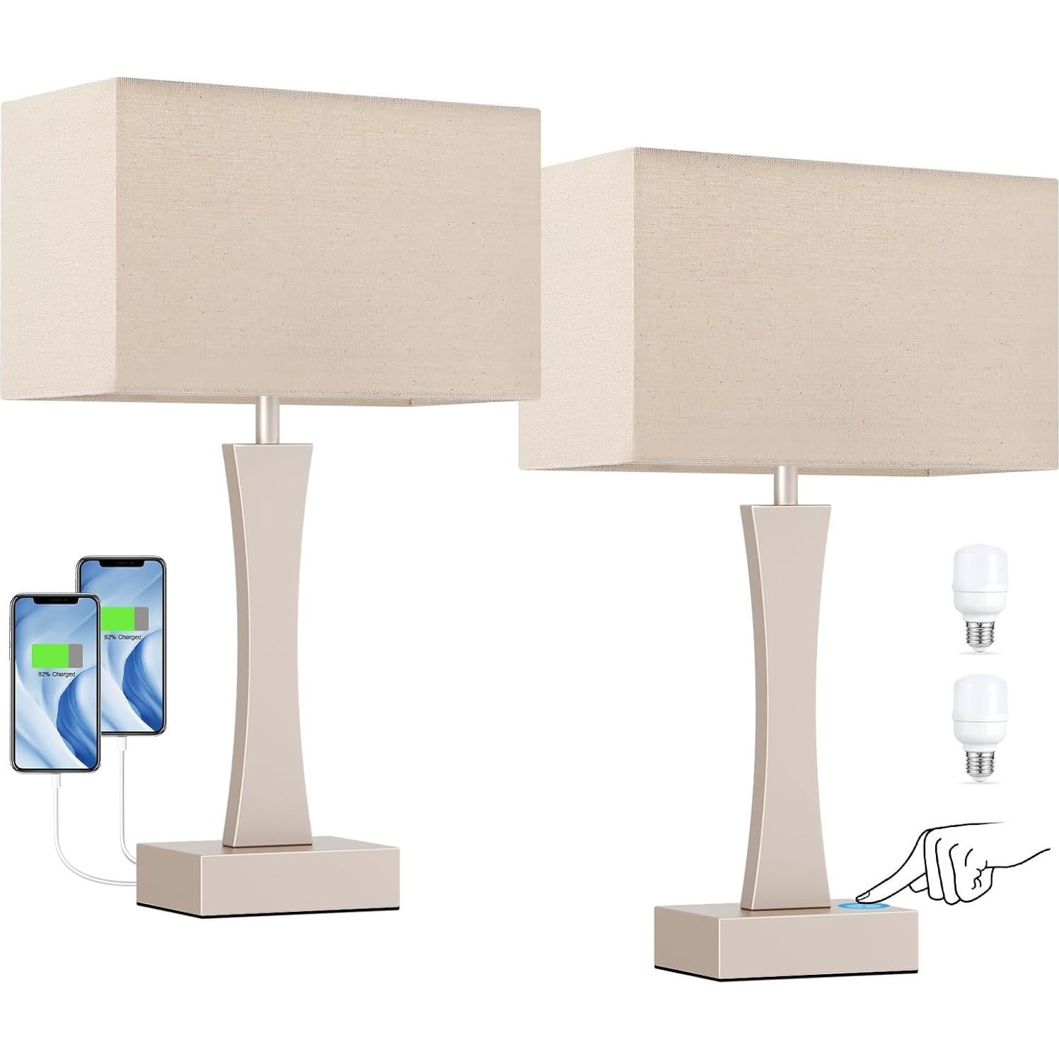 Juego de 2 Lámparas de Mesa Táctiles Seealle con USB C+A