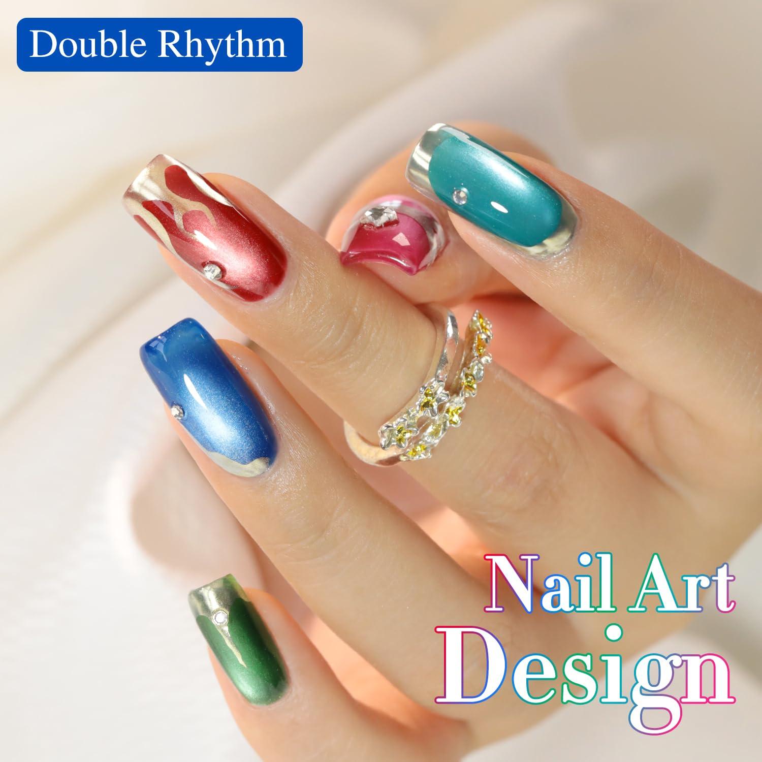 Double Rhythm Cat Eye Gel Nail Polish Set of 6 Same Color Same Bottle 0.5 Oz Shimmer Glitter with Magnet Holographic Reflective Magnetic UV Polish Kit at Home (Black Red Green Navy-T6-44)