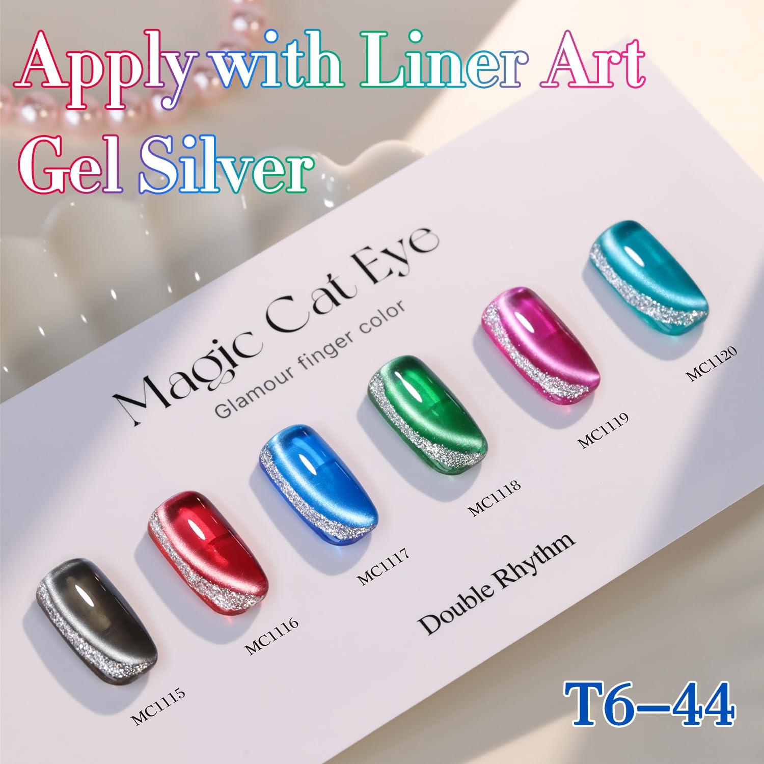 Double Rhythm Cat Eye Gel Nail Polish Set of 6 Same Color Same Bottle 0.5 Oz Shimmer Glitter with Magnet Holographic Reflective Magnetic UV Polish Kit at Home (Black Red Green Navy-T6-44)