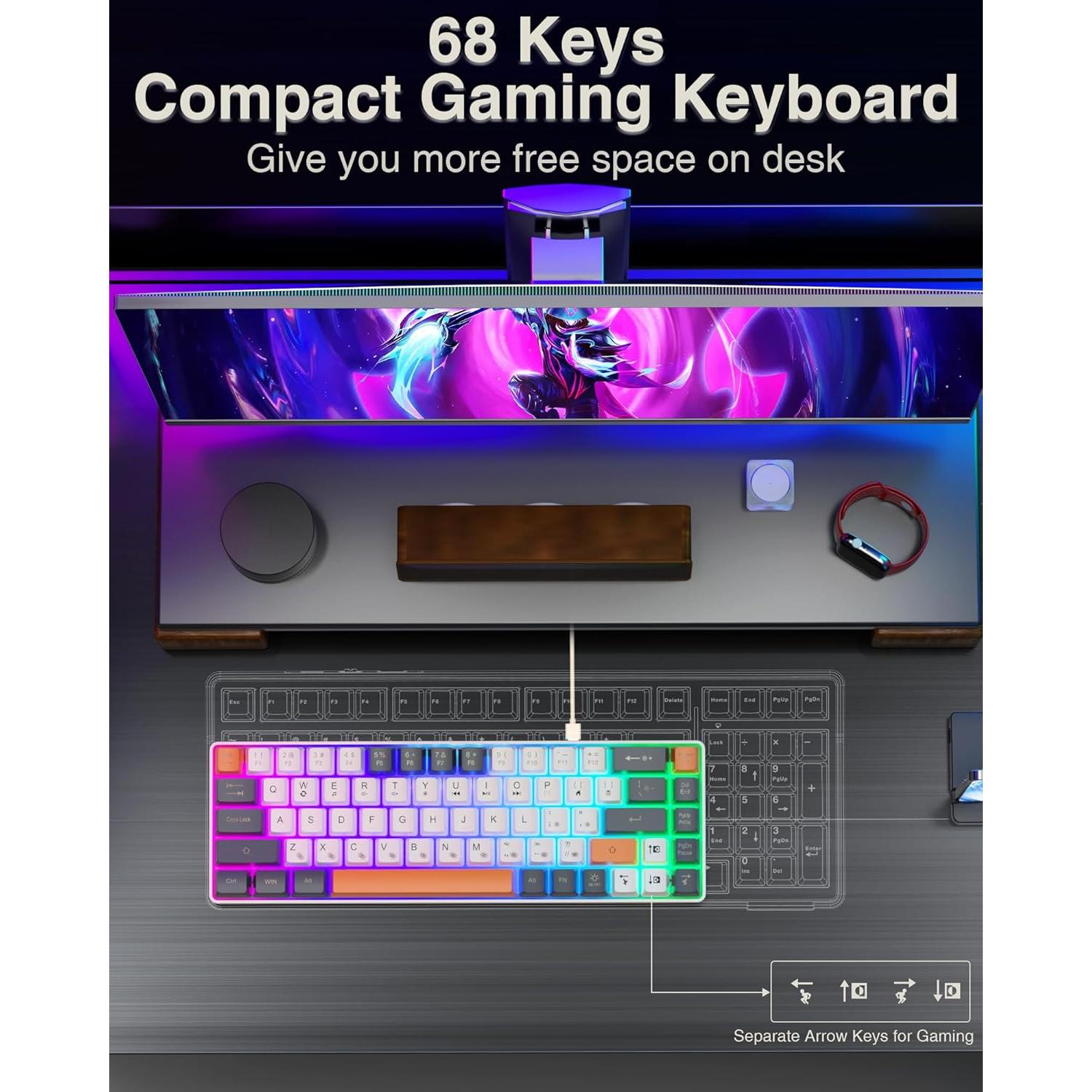 Teclado Gaming SOLAKAKA SK968 Compacto RGB USB-C 68 Teclas