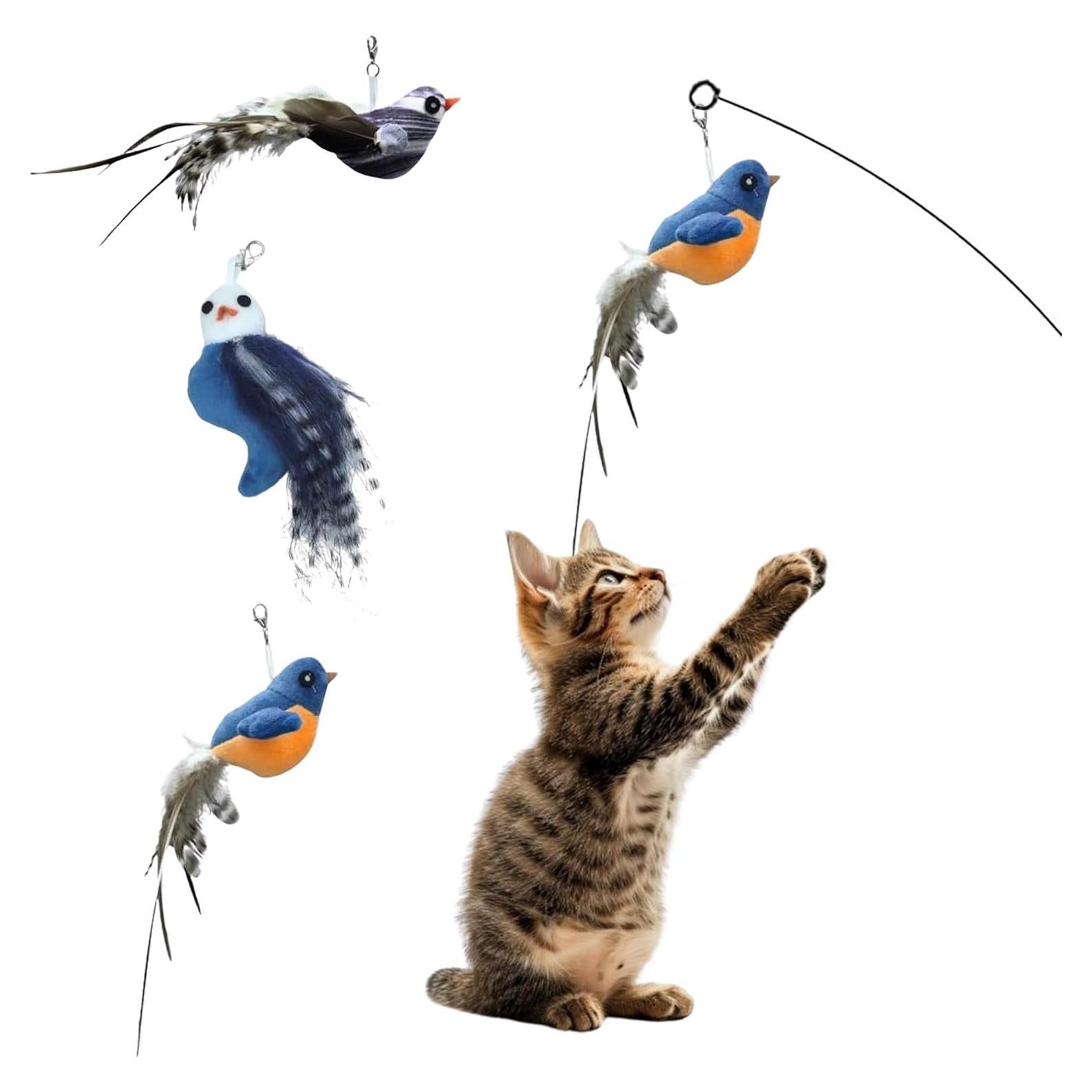 Chirping Bird Replacement Heads for Cat Toys - Set of 3 - Realistic Calling Bird Sounds, Vibrant Feather Designs, Easy Clip-On for Endless Fun