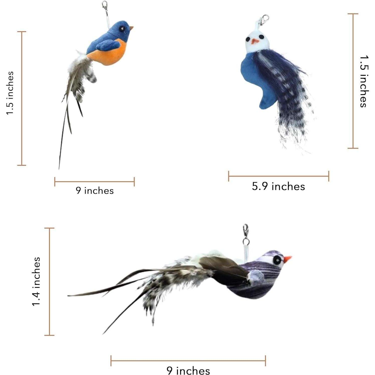 Chirping Bird Replacement Heads for Cat Toys - Set of 3 - Realistic Calling Bird Sounds, Vibrant Feather Designs, Easy Clip-On for Endless Fun