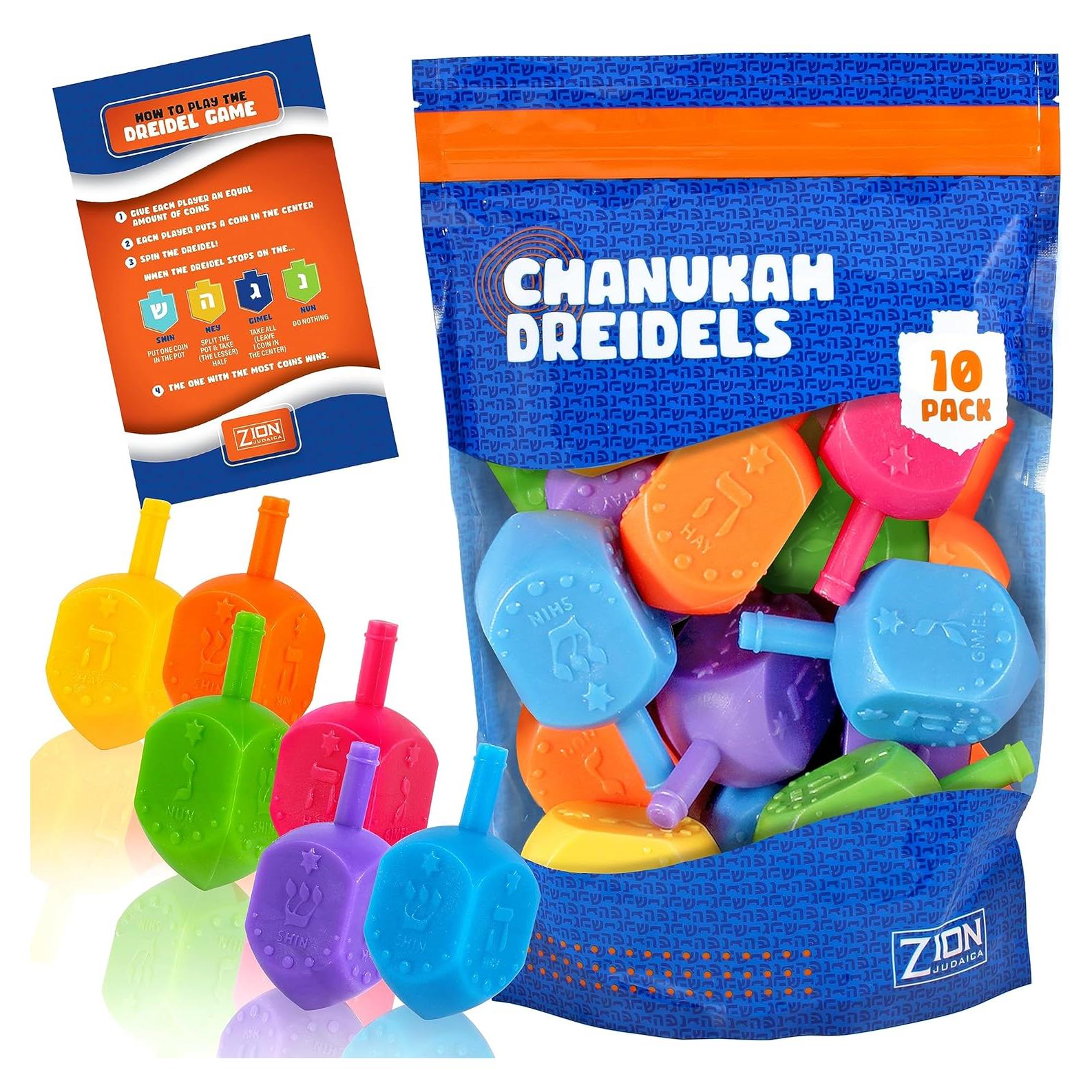 Dreidels de Hanukkah Zion Judaica - 10 Piezas Coloridas 4.45 cm