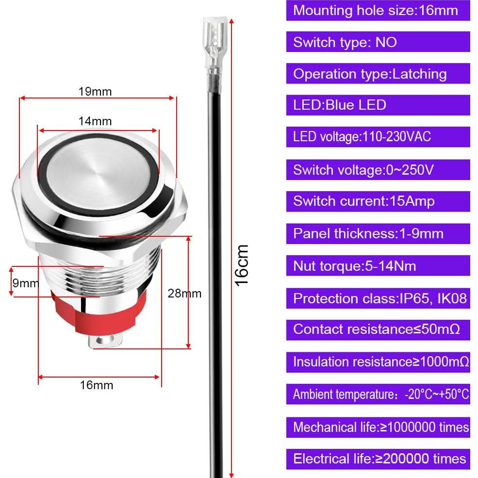 Interruptor Pulsador LED Azul Gebildet 16mm IP65 15A 110-230VAC