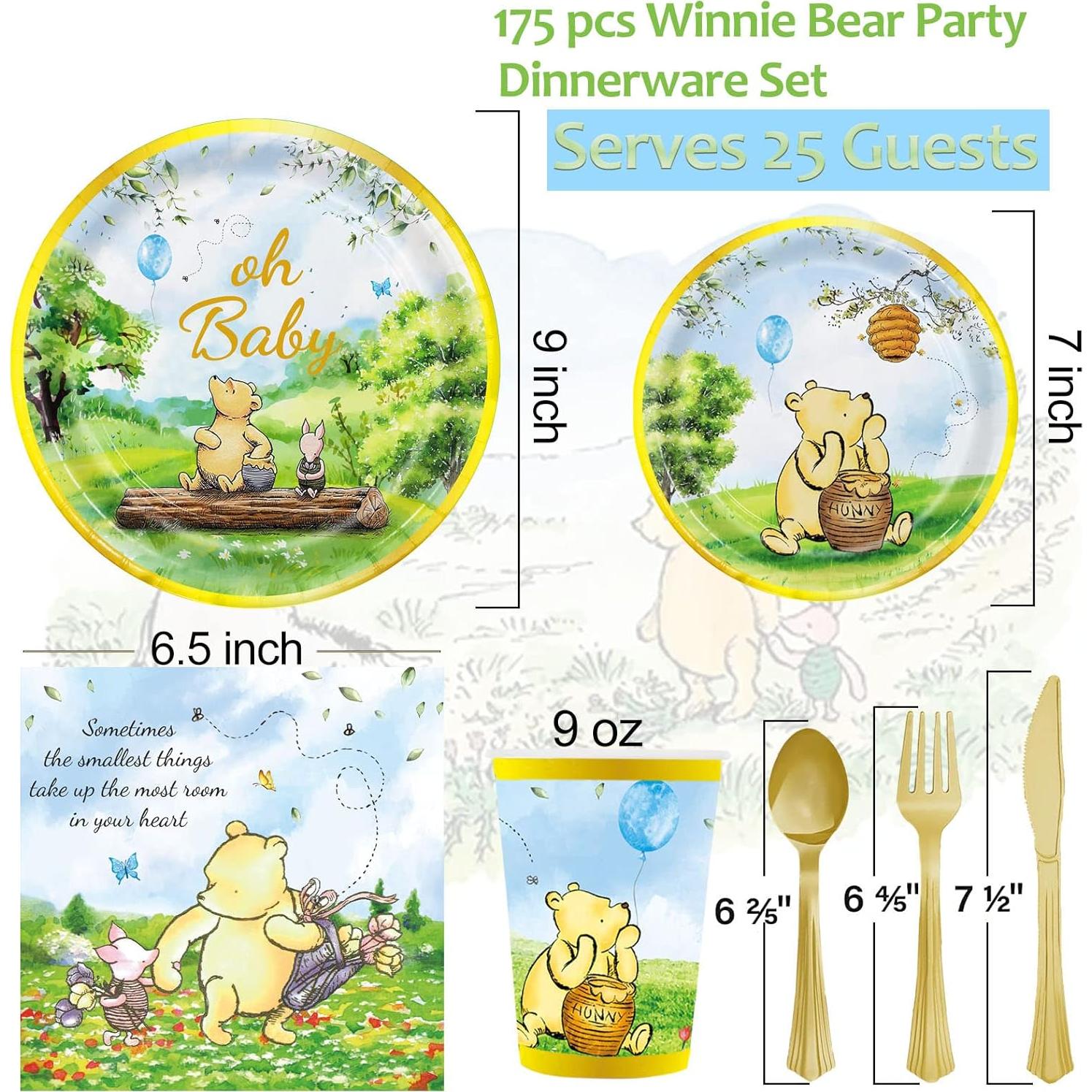 Set de Fiesta Winnie Bear 175 Pcs para Baby Shower y Cumpleaños