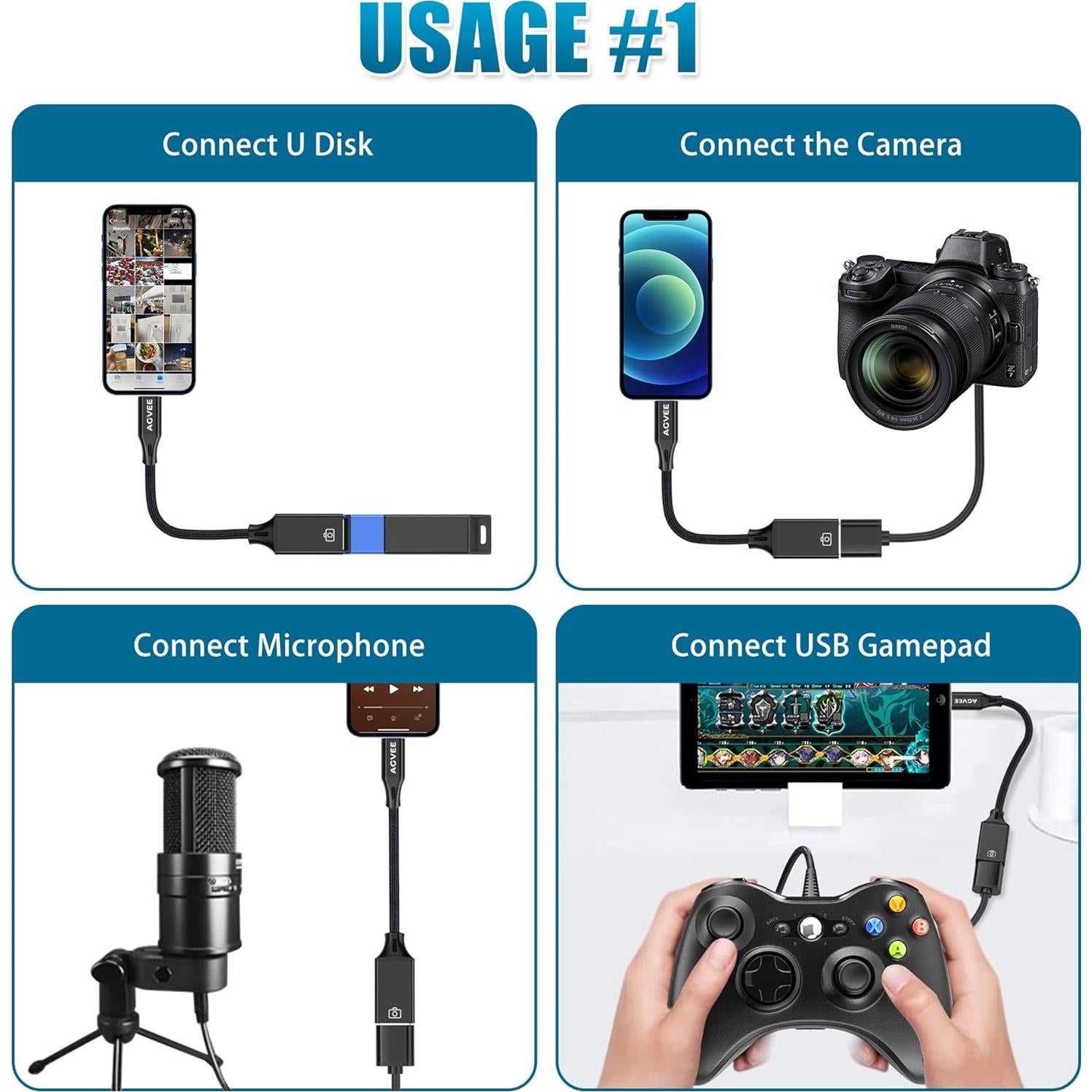 Adaptador Lightning a USB AGVEE 10.16 cm Negro OTG