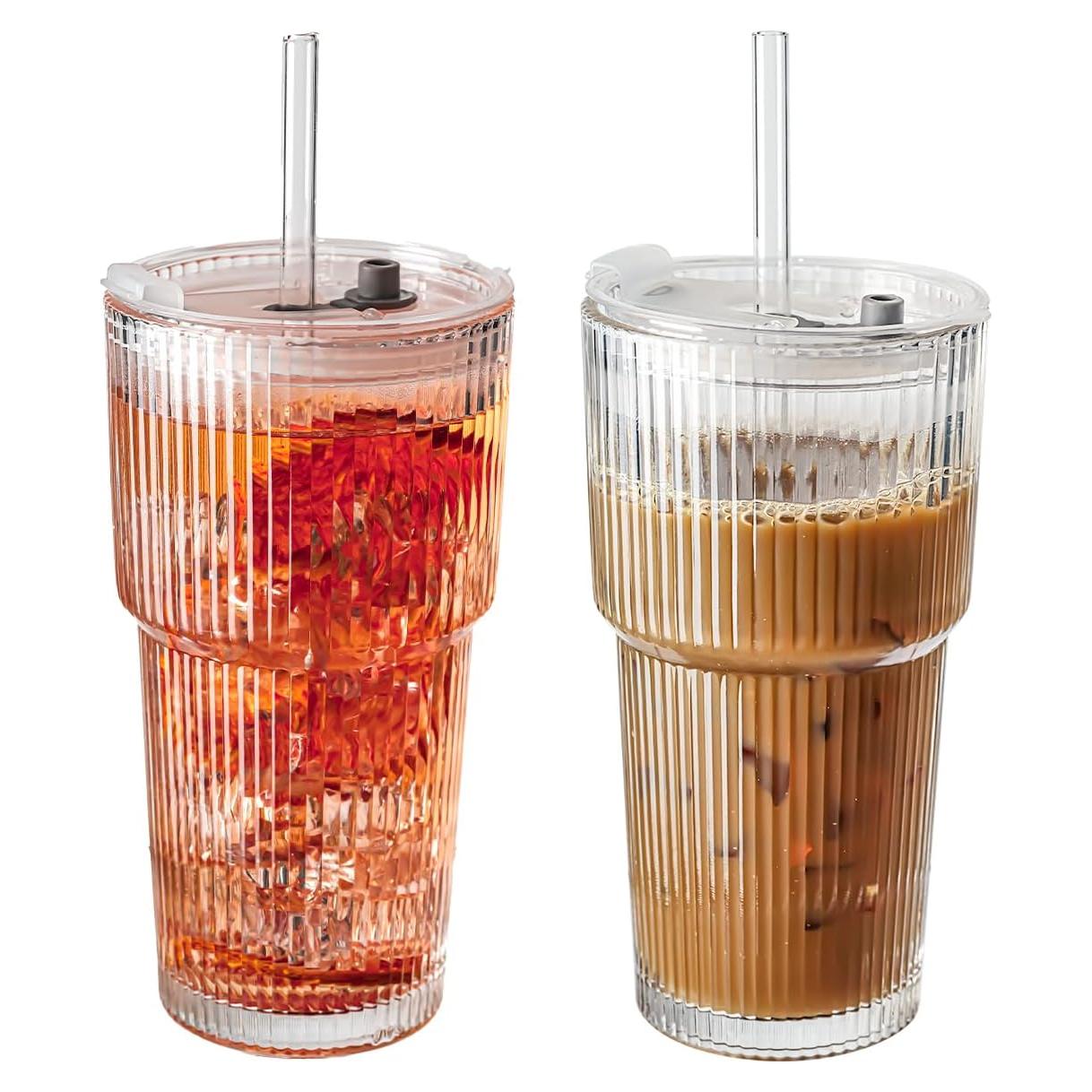 Vasos de vidrio acanalados SUROQUE 600ml con tapas y popotes