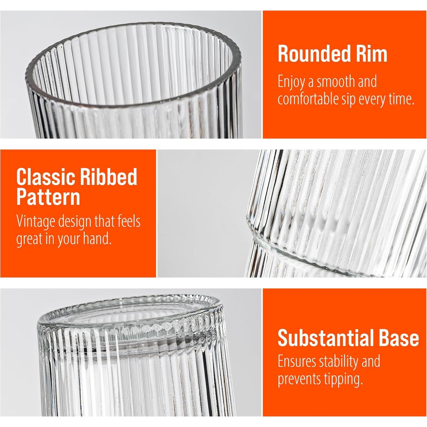 Vasos de vidrio acanalados SUROQUE 600ml con tapas y popotes