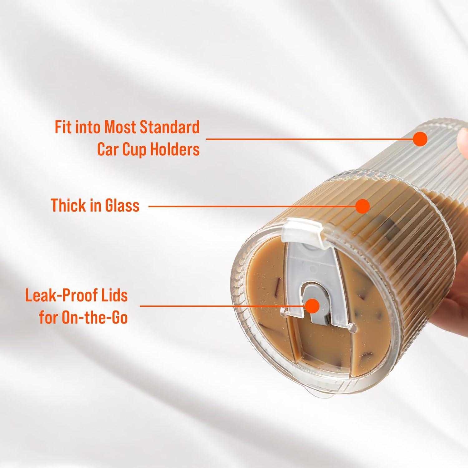 Vasos de vidrio acanalados SUROQUE 600ml con tapas y popotes