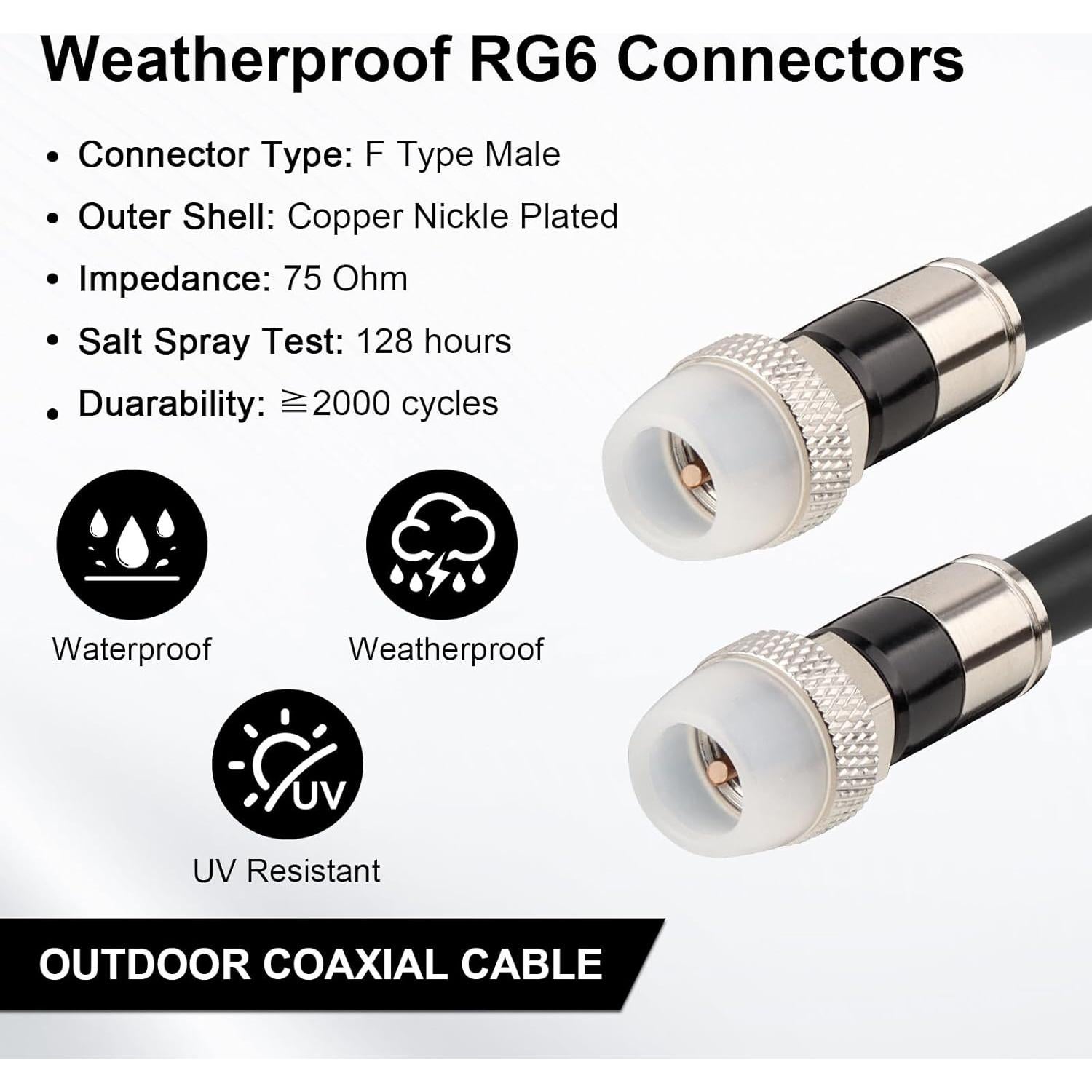 Cable Coaxial RG6 3.05m MOOKEERF Impermeable para TV e Internet