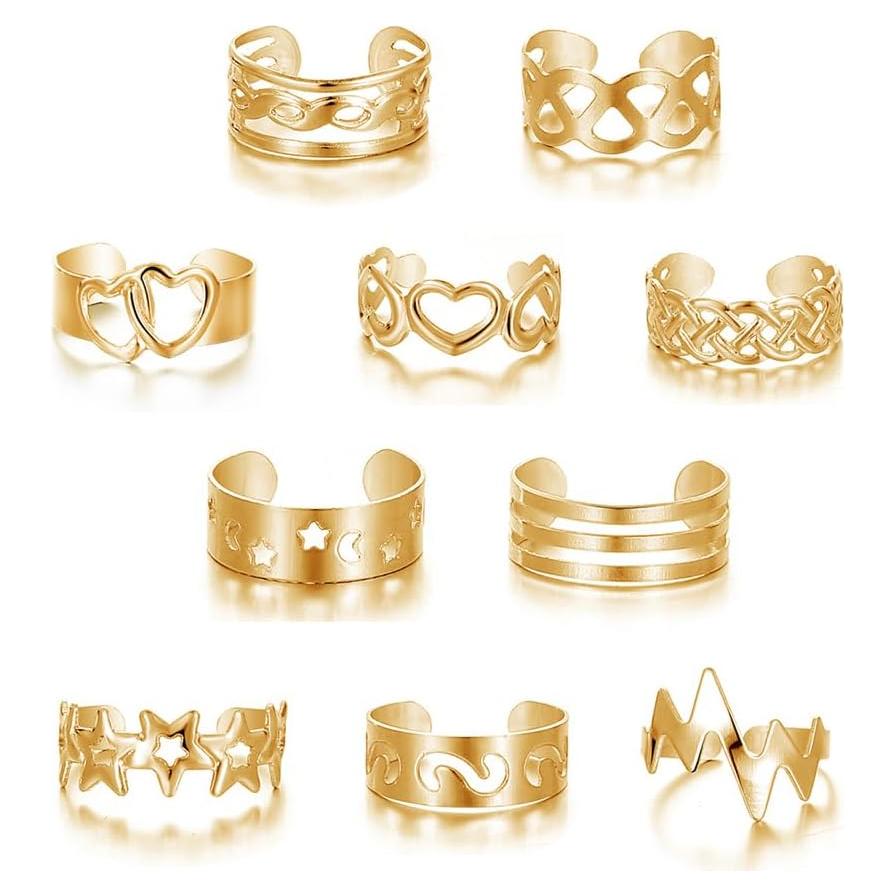 Conjunto de Anillos Ajustables para Dedos de los Pies Dorados 10 Pcs