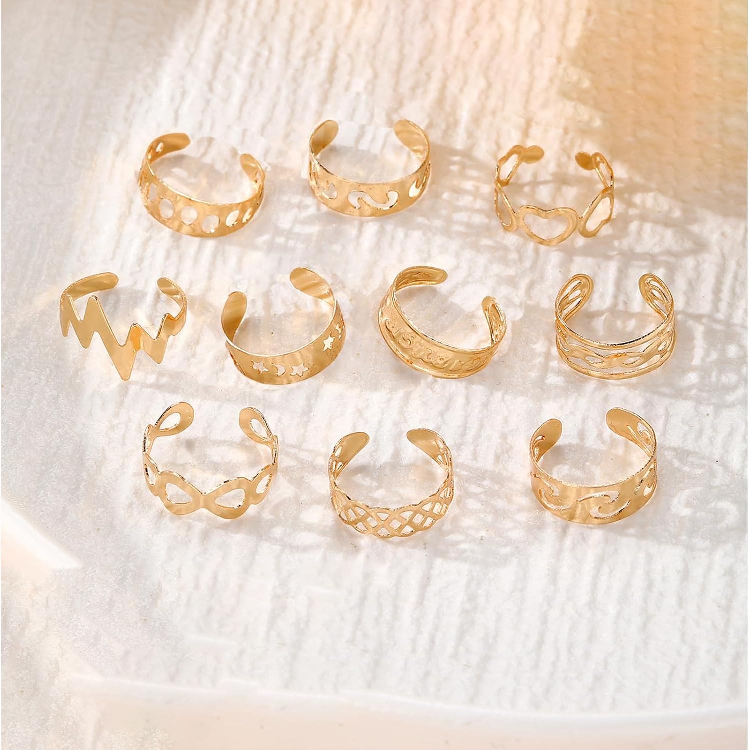 Conjunto de Anillos Ajustables para Dedos de los Pies Dorados 10 Pcs