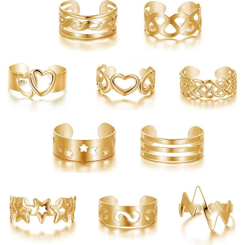 Conjunto de Anillos Ajustables para Dedos de los Pies Dorados 10 Pcs