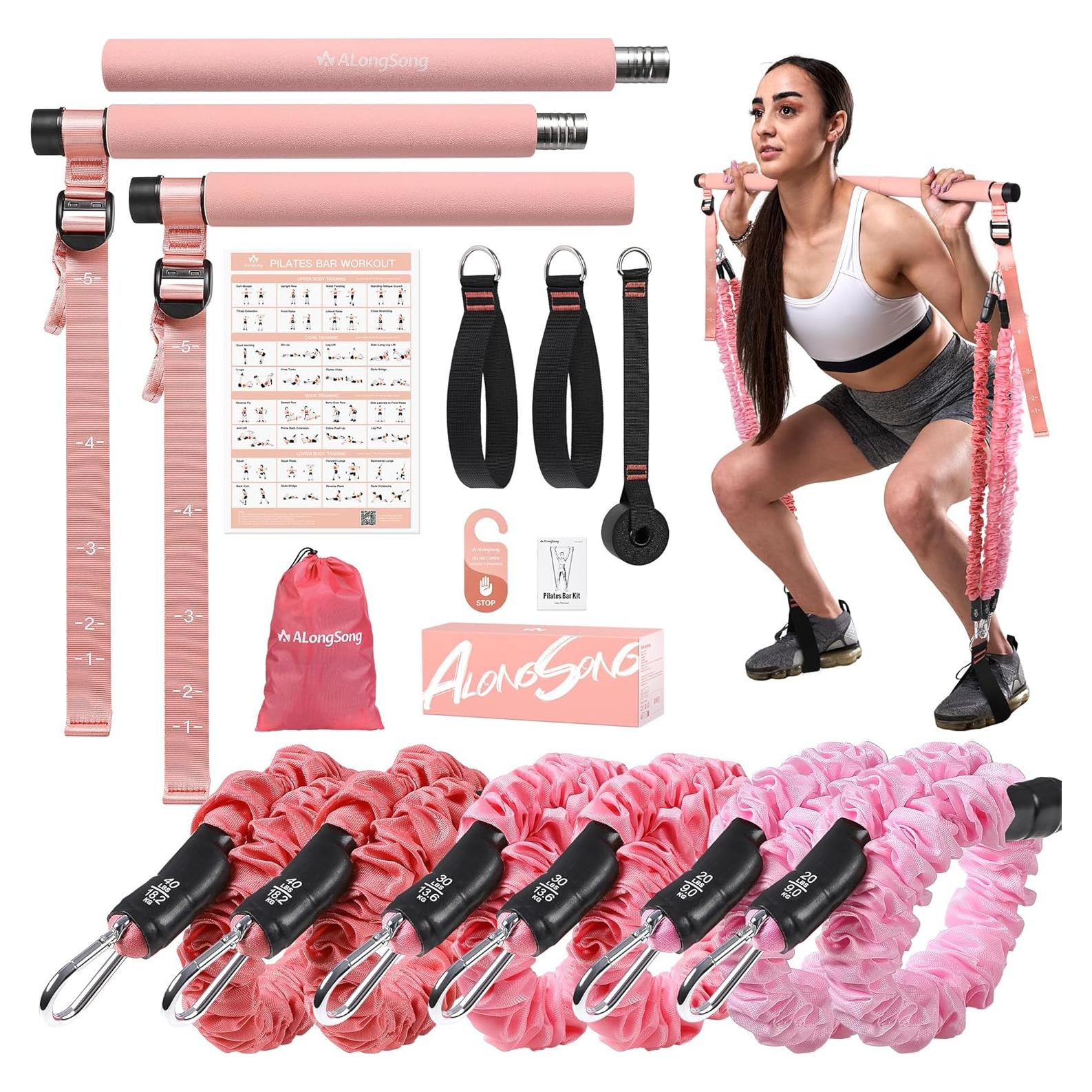 Pilates Equipment Pilates Bar Kit with 6 Fabric Wrapped Resistance Bands 20-180LBS for Women & Men Home Gym Exercise Fitness Full-Body Workouts Multifunctional Yoga Pilates Stick