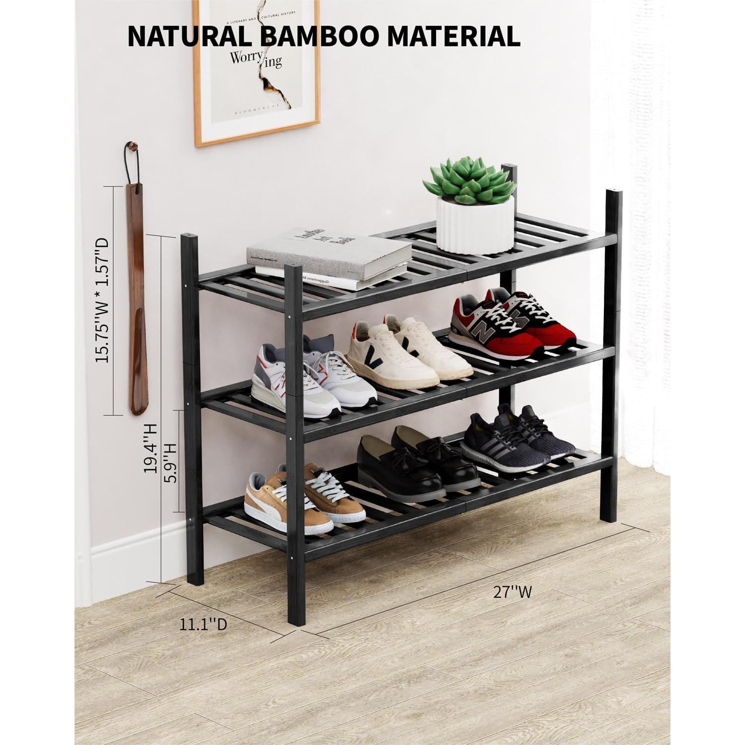 Estante para zapatos 3 niveles VOPOG Bambú Negro 68.6x28.2 cm