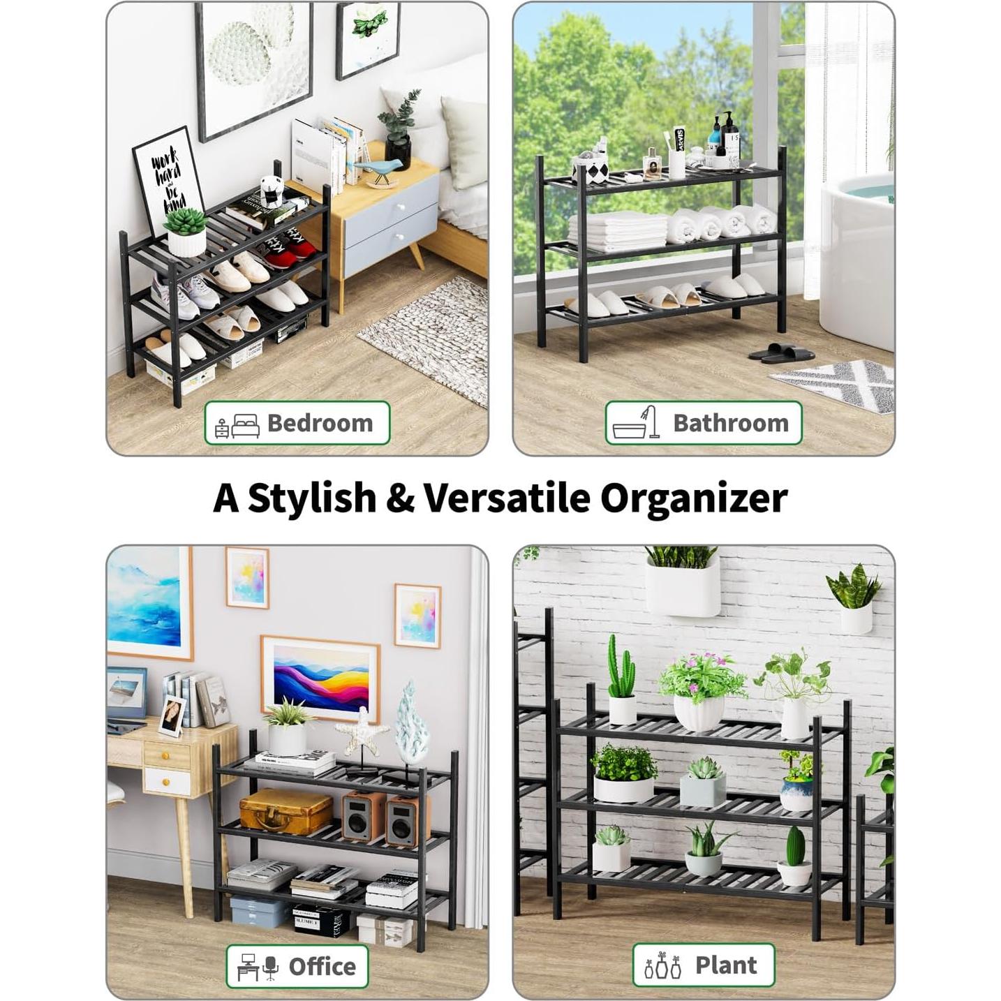 Estante para zapatos 3 niveles VOPOG Bambú Negro 68.6x28.2 cm