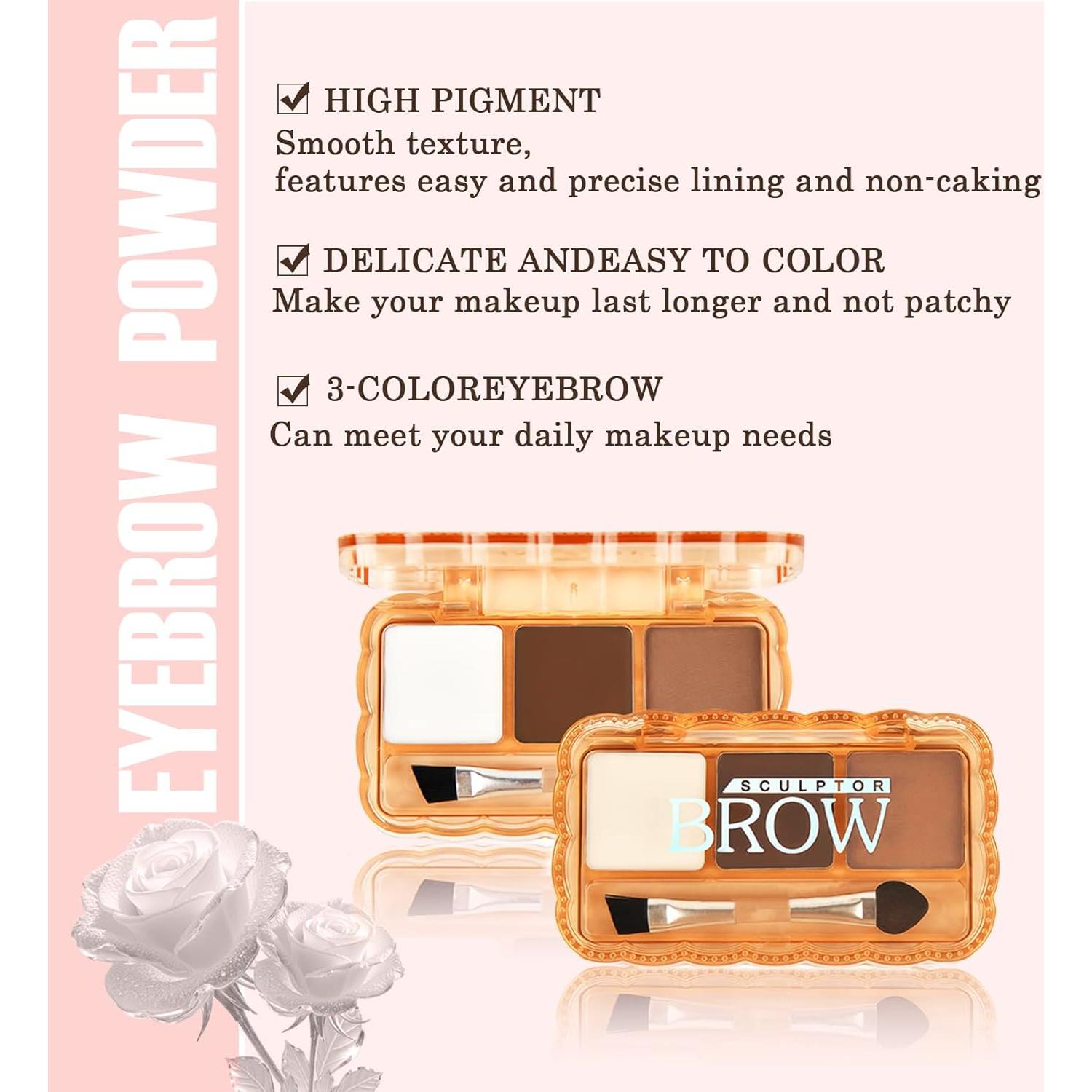 Brow Powder for Eyebrows,Long-Lasting Matte,Eye Shadow and Contouring Three-in-one,Soft and Natural,Helps Enhance & Define Brows,Compact Size,Includes Applicator Brush,1#Light Brown&Brown