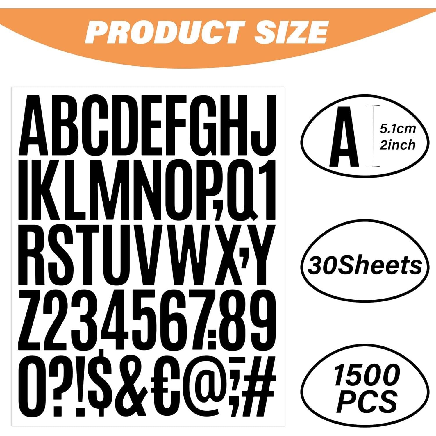 Calcomanías de Letras Negras 30 Hojas 1500 Piezas Metsyth